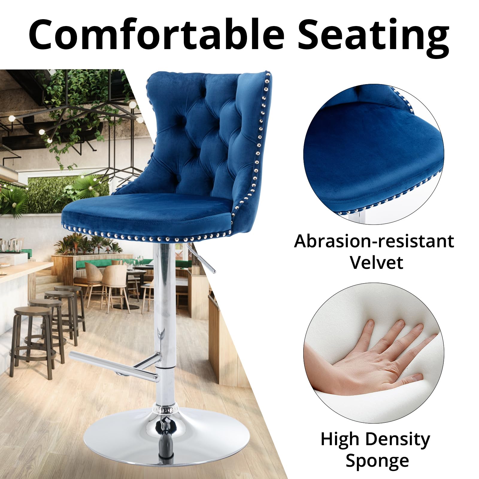 i-POOK Counter Height Bar Stools Set of 2, Swivel Barstools with High Back, Button Tufted and Nailheads Trim, Velvet Upholstered Bar Chairs for Home Bar Kitchen Island Cafe, Blue