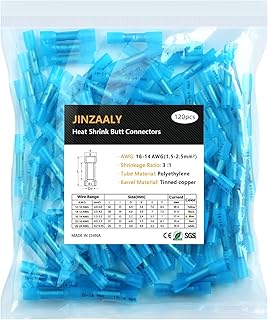 Jinzaaly Heat Shrink Butt Connectors, Insulated Waterproof Electrical Marine Automotive Tinned Copper Wire Crimp Terminals, Butt Splice for Boat Truck Stereo Joint (16-14AWG-120Pcs)