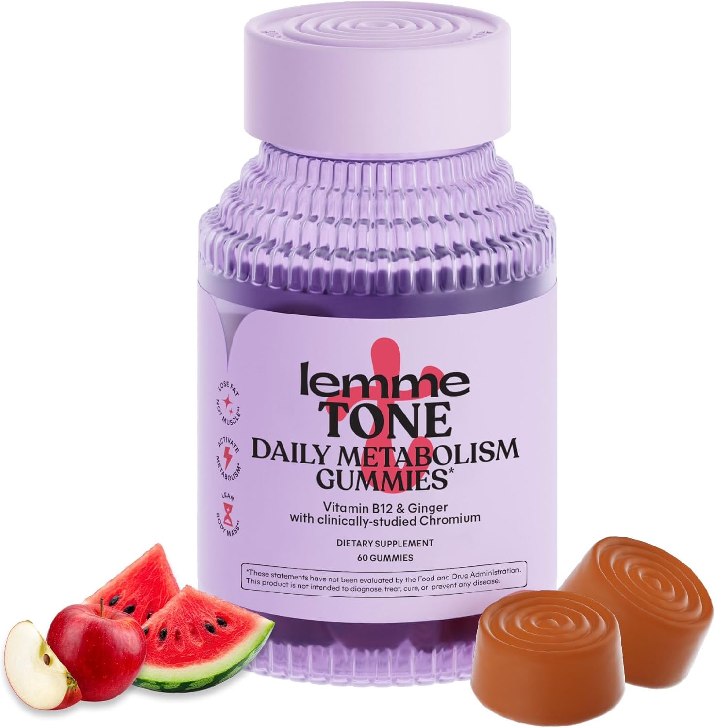 Lemme Tone Metabolism Gummies, Apple Cider Vinegar, Clinically Studied Chromium, B12, Ginger Root Extract, Promote Lean Body Mass, Watermelon Apple Flavor (30 Day Supply)