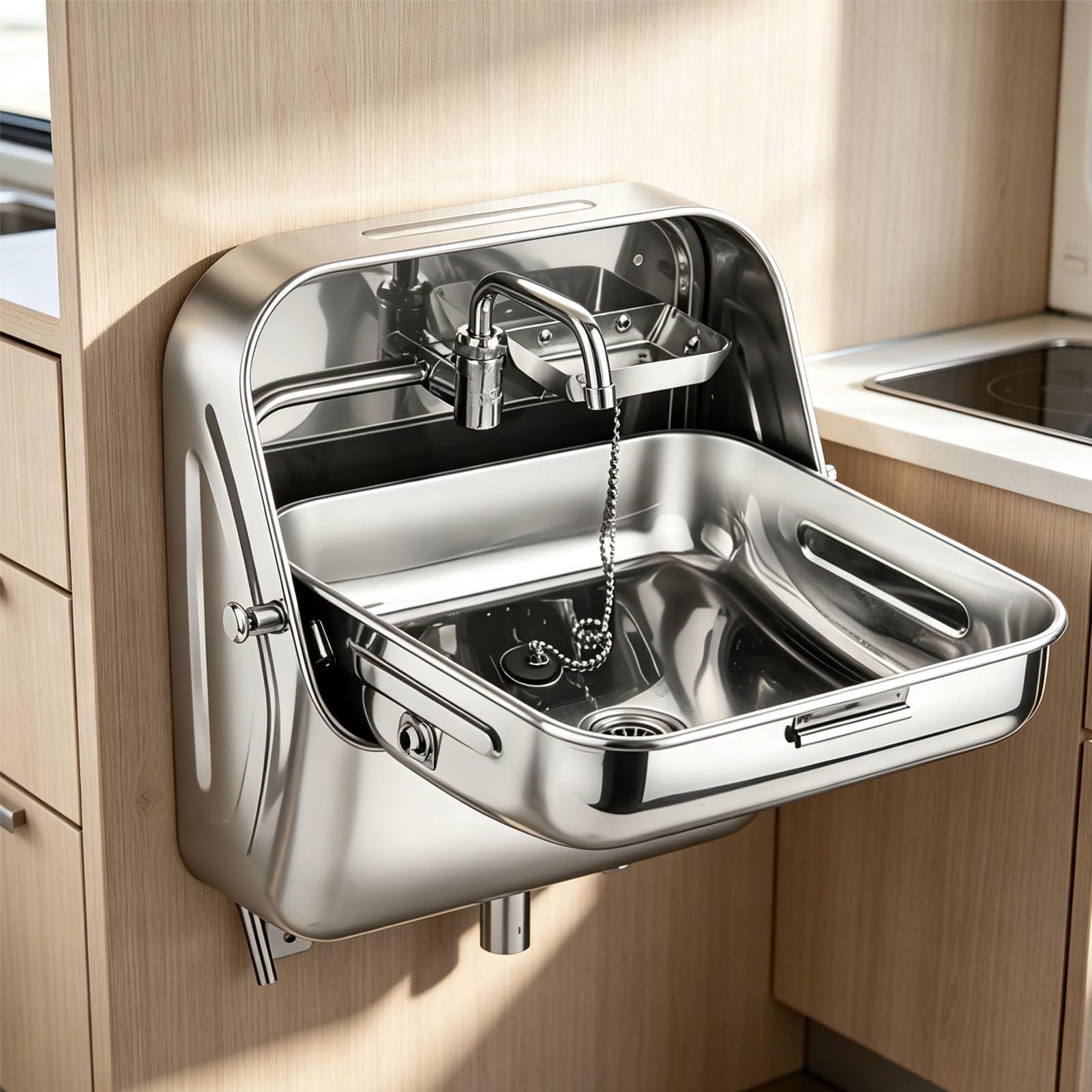 Fregadero Plegable de Acero Inoxidable para RV con Grifo; Lavabo Portátil de Una Sola Cubeta; Lavabo Multifuncional para Exteriores; Apto para Camiones de Comida, Campers