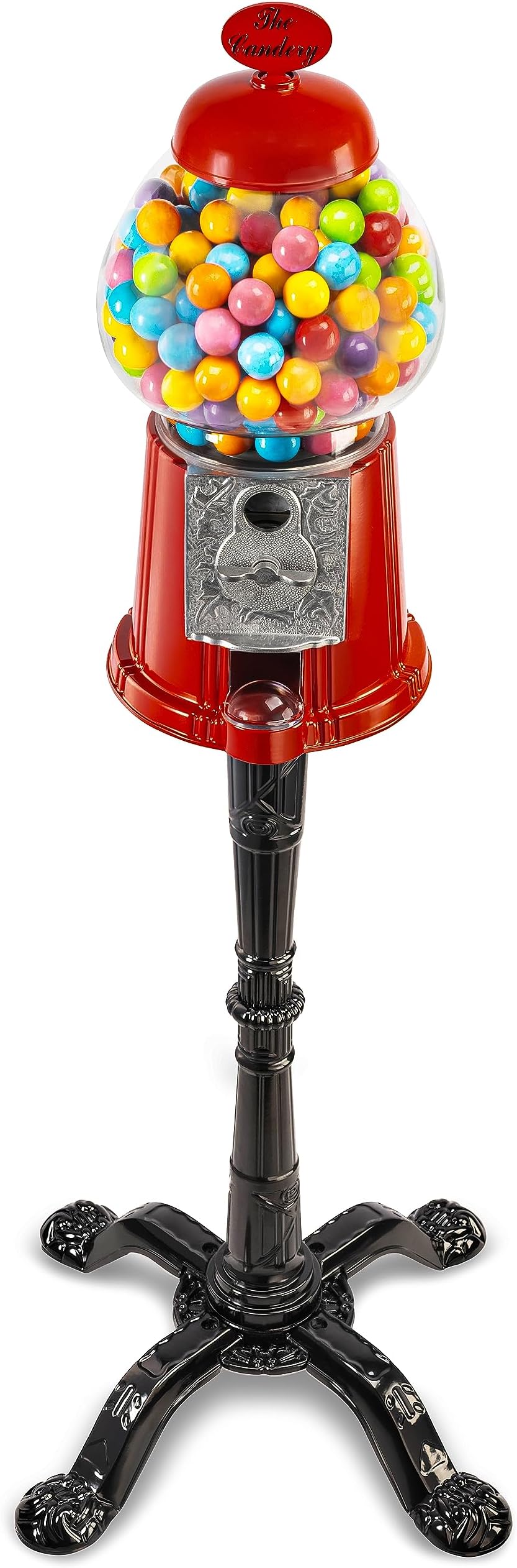 Gumball Bubble Machine - 15 Inch Candy Dispenser with Stand for 0.62 Inch - Heavy Duty Red Metal with Large Bowl - Easy Twist-Off Refill - Free or Coin Operated - by The Candery