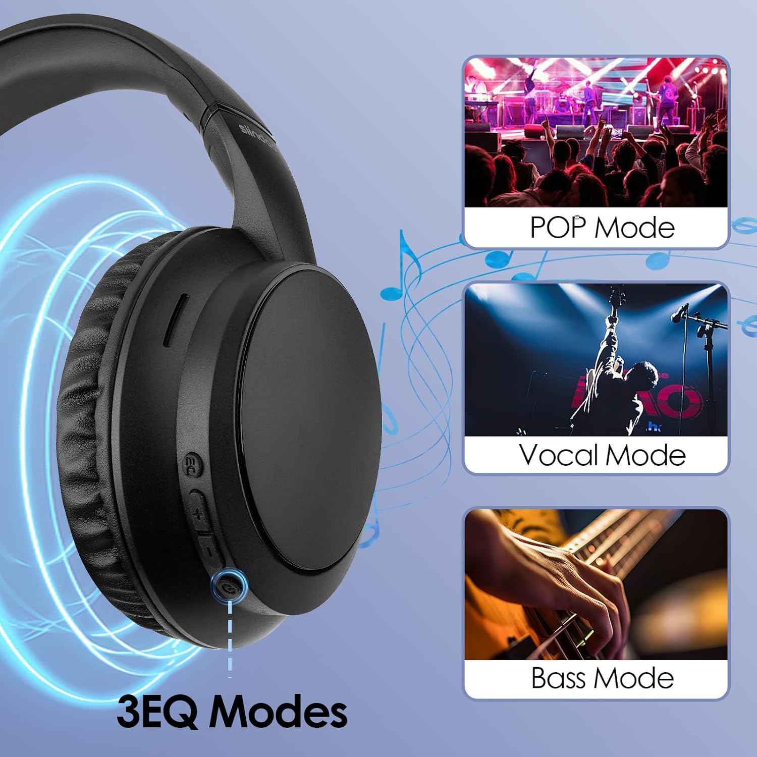Image showing the headphone with an indicator pointing to the EQ switch, and three examples of sound modes: POP, Vocal, and Bass.