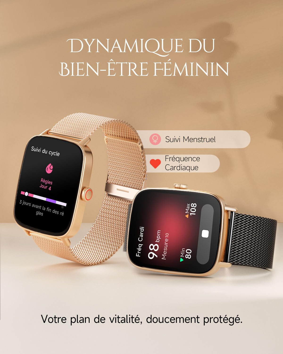 TOOBUR Montre Connectée Femme, Montre Podometre, Étanche IP68, Noir Doré | Montre de Sport Tendance, Montre Connectée Santé/Cardio/Sommeil, Smartwatch Compatible Android/iOS, Répondre Appels