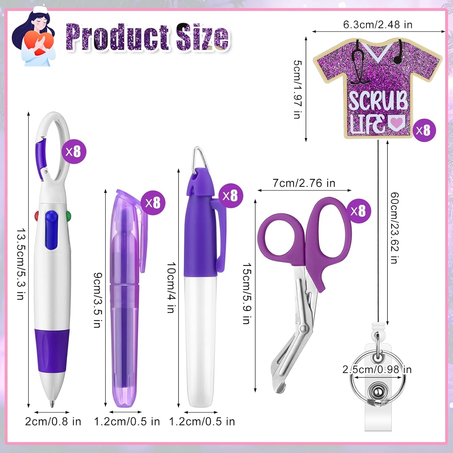 Sayglossy 40 Pieces Nurse Pen Set Accessories Include 8 Mini Highlighter 8 Colored Markers 8 Ballpoint Pen 8 Scissors with 8 Badge Reel Keychain Clip for Nurses Day Gifts (Classic)