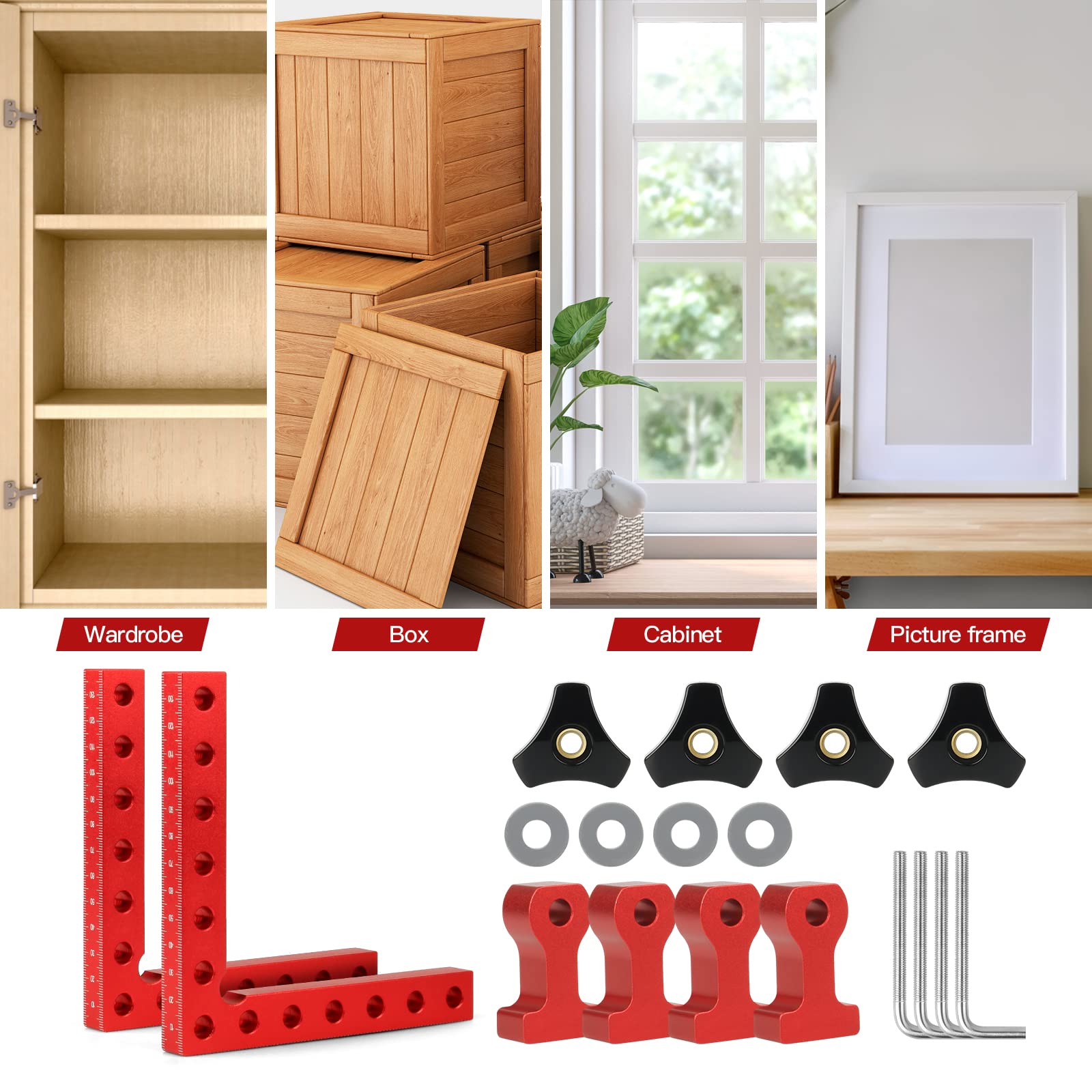 Pince à Angle Droit 90 Degrés, Serre Joint Angle Droit Aluminium 14 X 14 cm Equerre de Positionnemen Serre Cadre Fixation à Angle Outils de Travail du Bois, (Rouge 4 Pack)