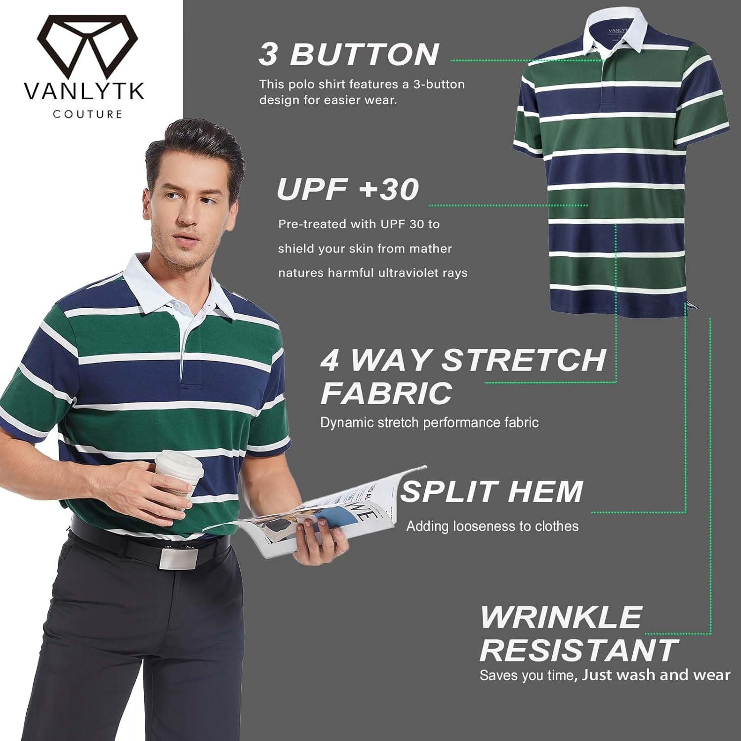 Mens Polo Shirts Striped Cotton Moisture Wicking Classic Collared Casual Golf Shirts for Men - Image 4
