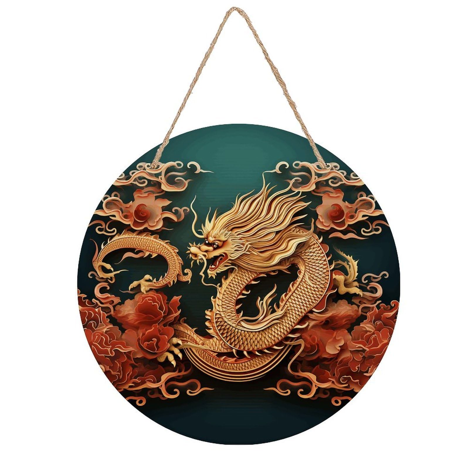 VstaDank Dragon Chinese Background Wooden Wall Art Decor Round Wood Plaque Wooden Door Hanger Sign with Hole And Hanger Rope Trend Wood Decorative Paintings for Home Outdoor Indoor 7.87 Inch