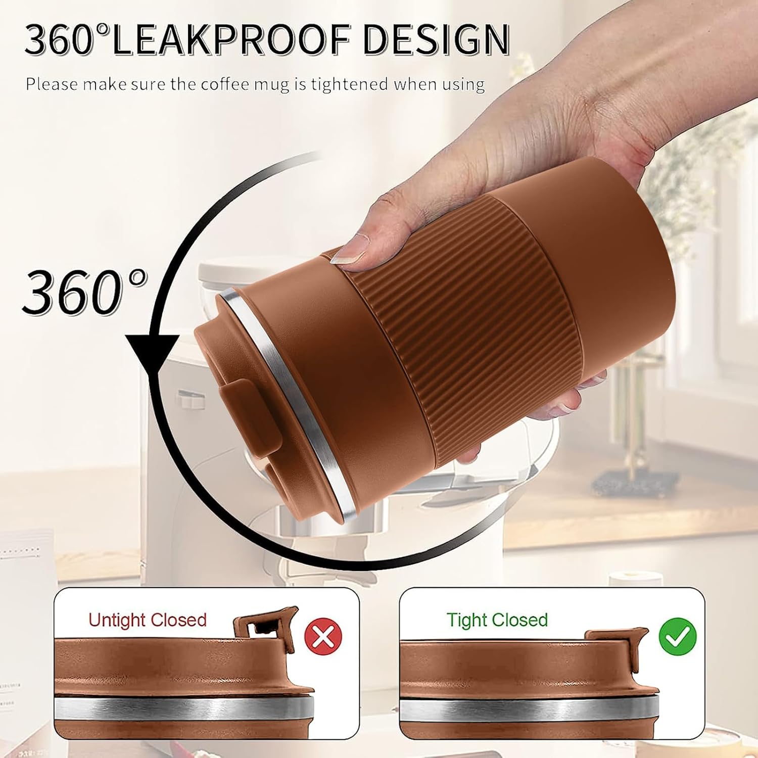 YINBAOGE Insulated Travel Coffee Mug, Spill & Leak Proof, Portable To Go Camping Stainless Steel Coffee Tumbler, Reusable Thermal Coffee Cup with Lid for Hot & Cold Drinks (Brown, 12 OZ) - Image 4