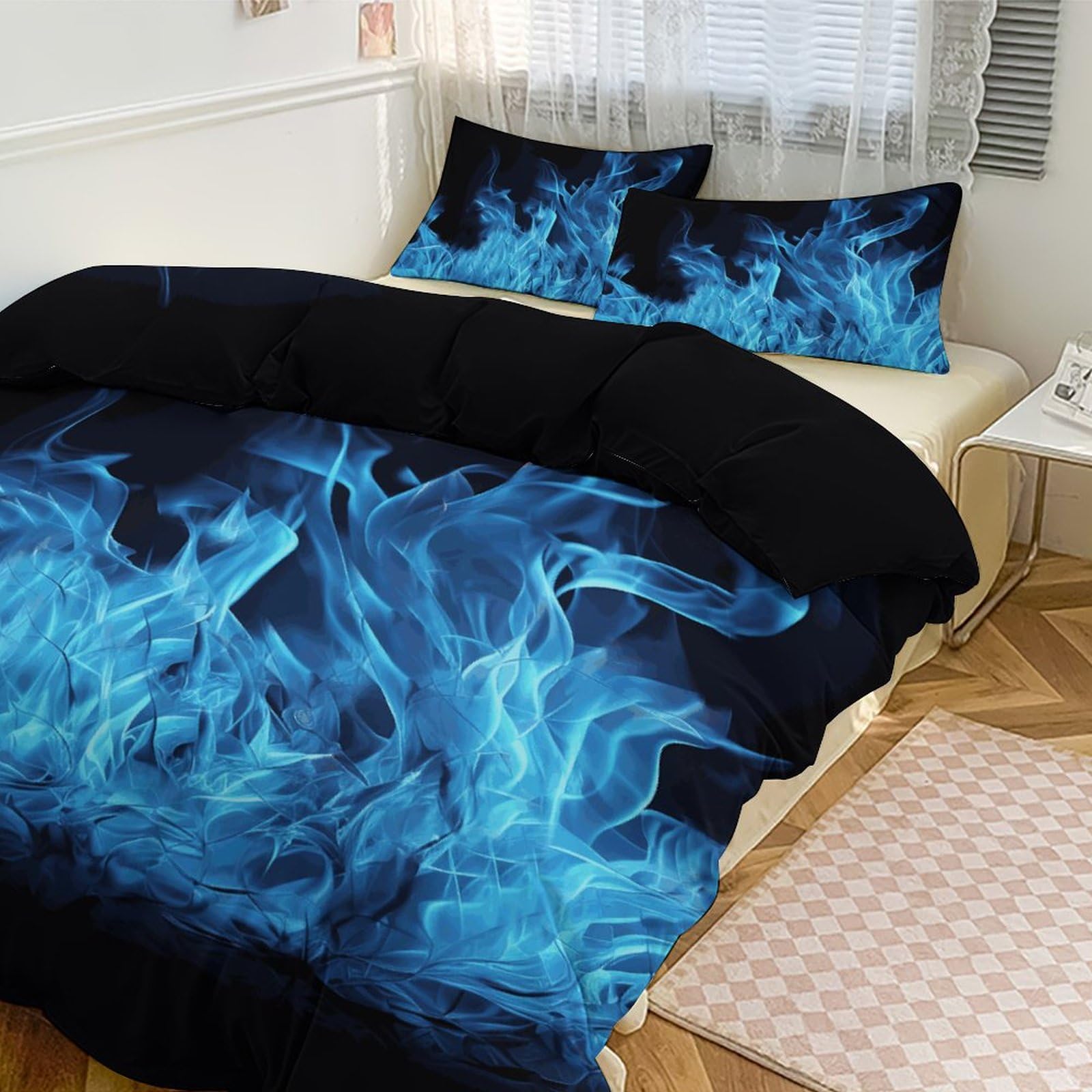 Couette pour grand lit motif flammes bleues avec parure de lit 3 pièces et couvre-lit