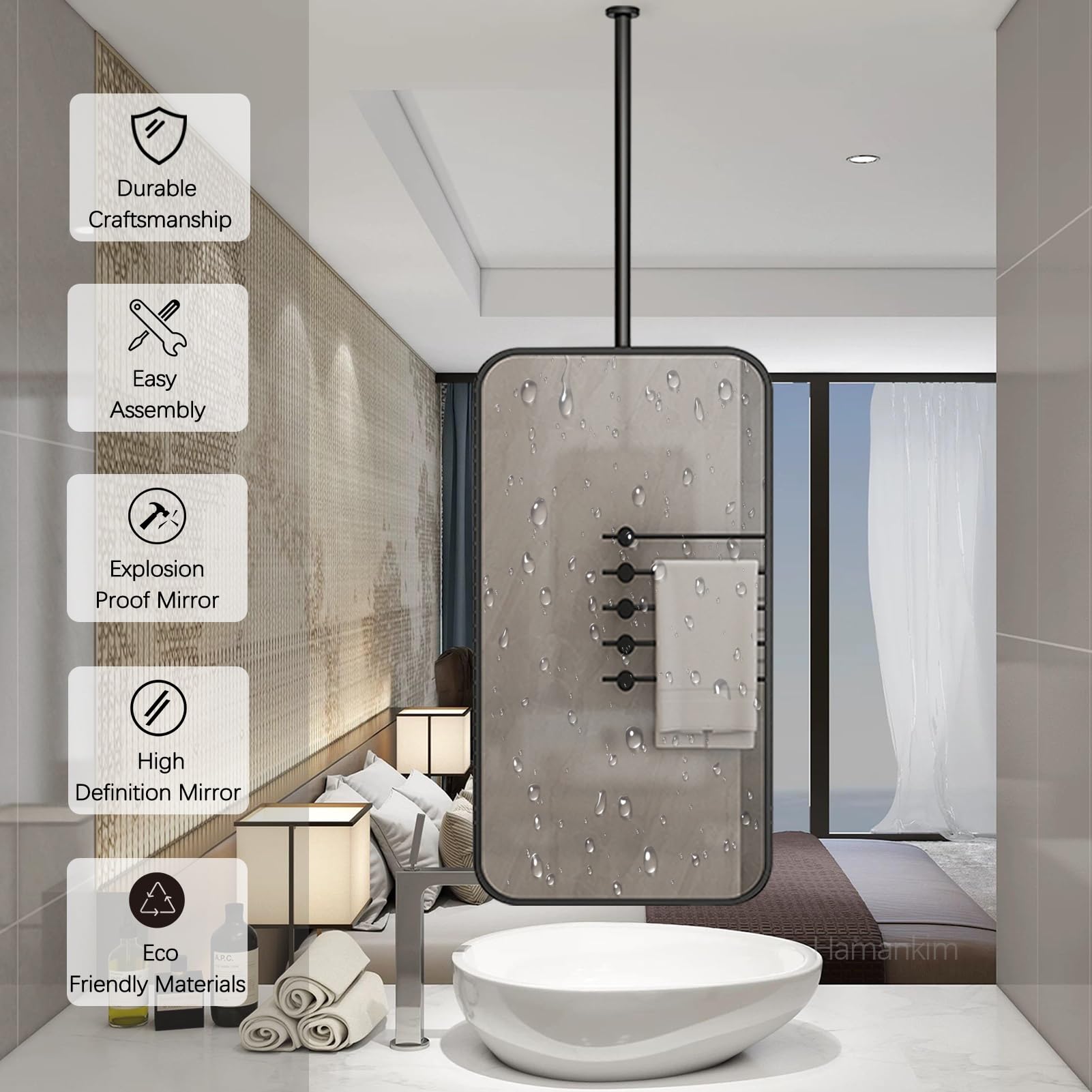 Naścienne lusterko do makijażu LED z metalową ramą i drążkiem do zawieszania na suficie - nowoczesny pływający design do sypialni salonu szatni toaletki i stacji do makijażu