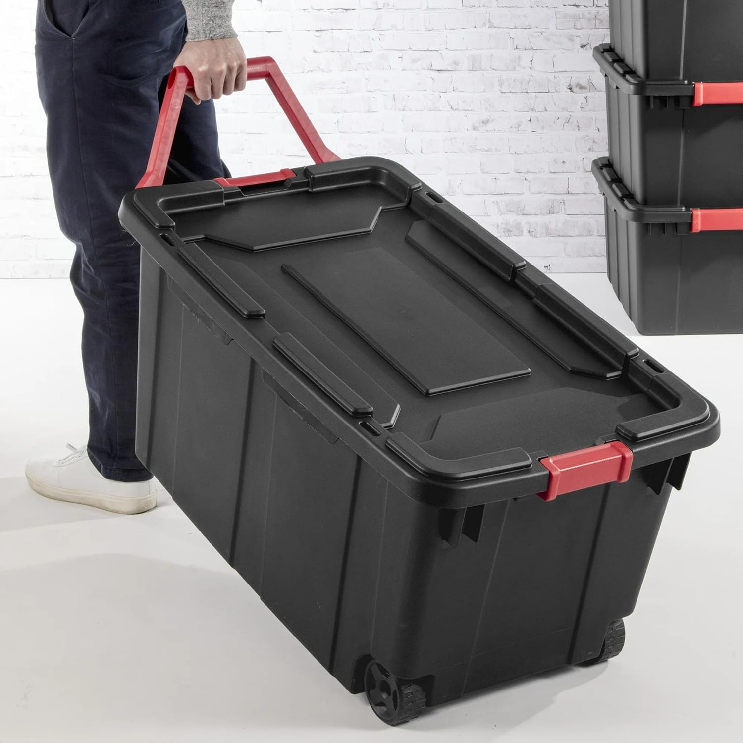 40 Gallon (160 Quart) Heavy Duty Wheeled Storage Bins 2 Pack, Black Stackable Plastic Totes with Secure Lockable Lids, Handles & Wheels, Drip-Resistant Containers for Garage & Basement Organization