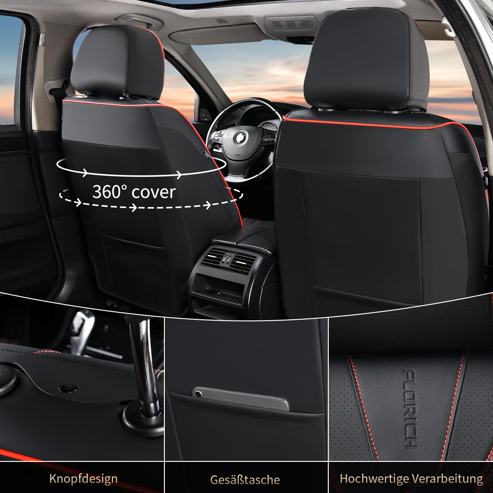 FLORICH Coprisedili Universali Coprisedili Coprisedili in Pelle Impermeabili Adatti alla Maggior Parte Delle Autovetture, SUV (Completo, Nero&Rosso Linea)