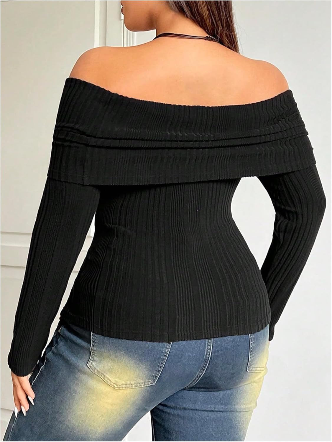 Floerns Women's Plus Size Off Shoulder T Shirts Foldover Long Sleeve Ribbed Going Out Tee Tops - Image 3