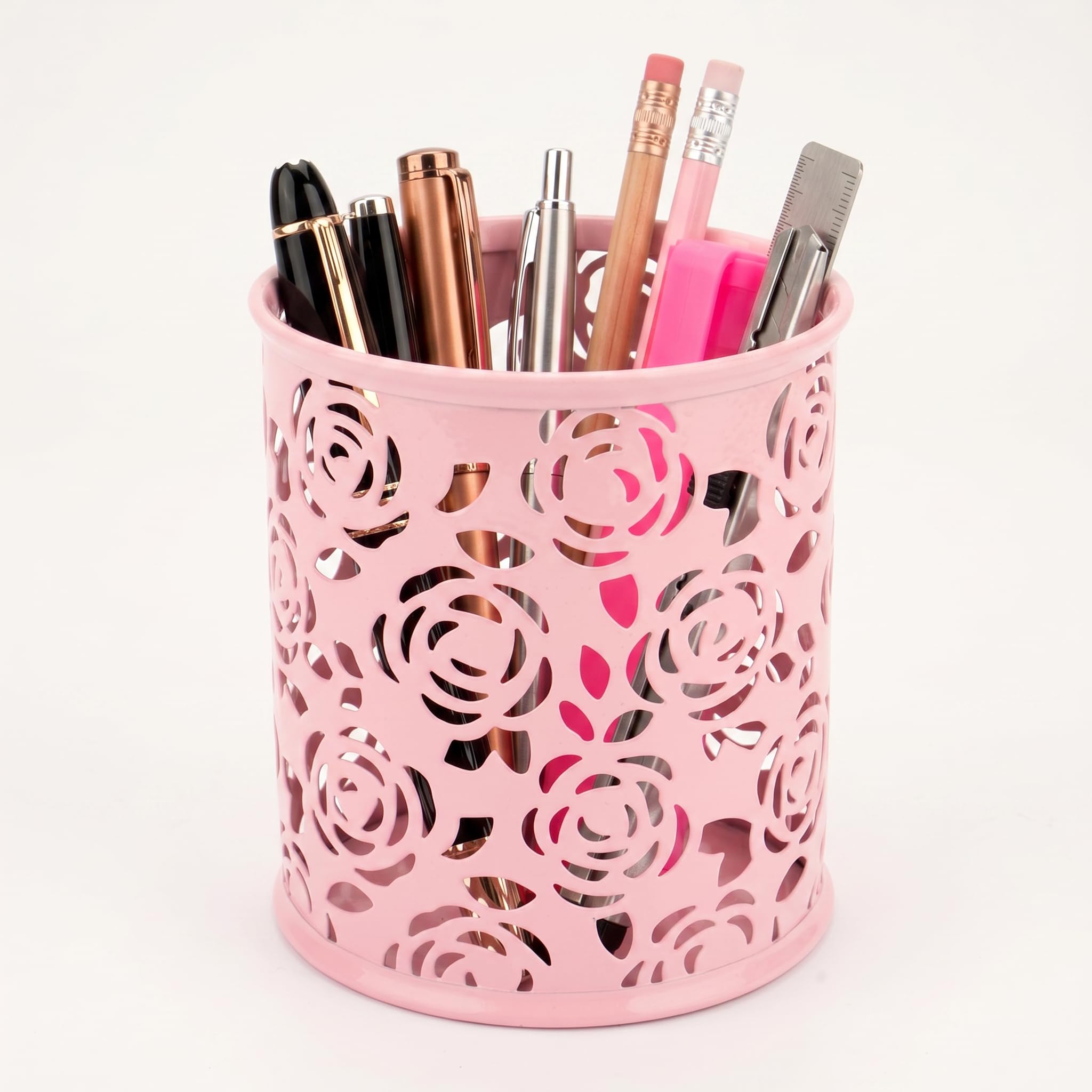 Crayon pour bureau porte-gobelet rose ajouré à motif fleur grand volume