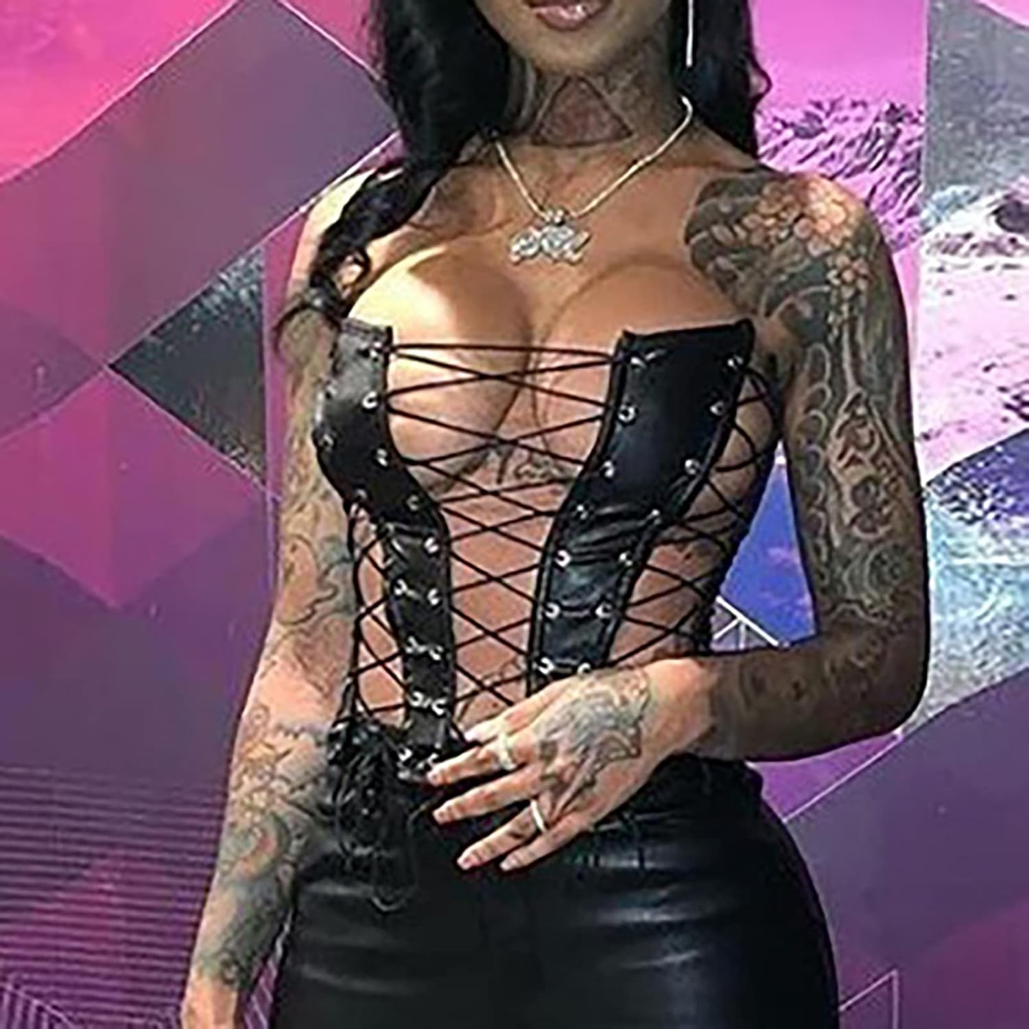 Women's Sexy PU Leather Bustier Crop Tube Top Rave Dance Cutout Cami Tank Tops - Image 2