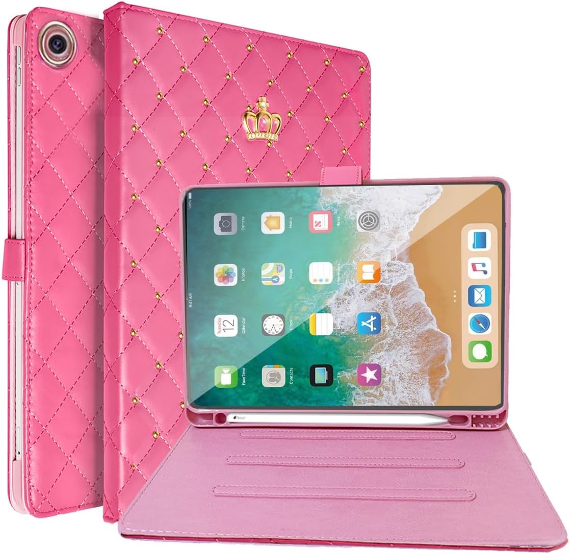 Case for iPad 6th/5th Generation 9.7 inch (2018/2017) iPad Air 2 2014/ Air 2013 with Pencil Holder, Heavy Duty Shockproof Diamond Crown Design Kickstand Smart Auto (Pink)