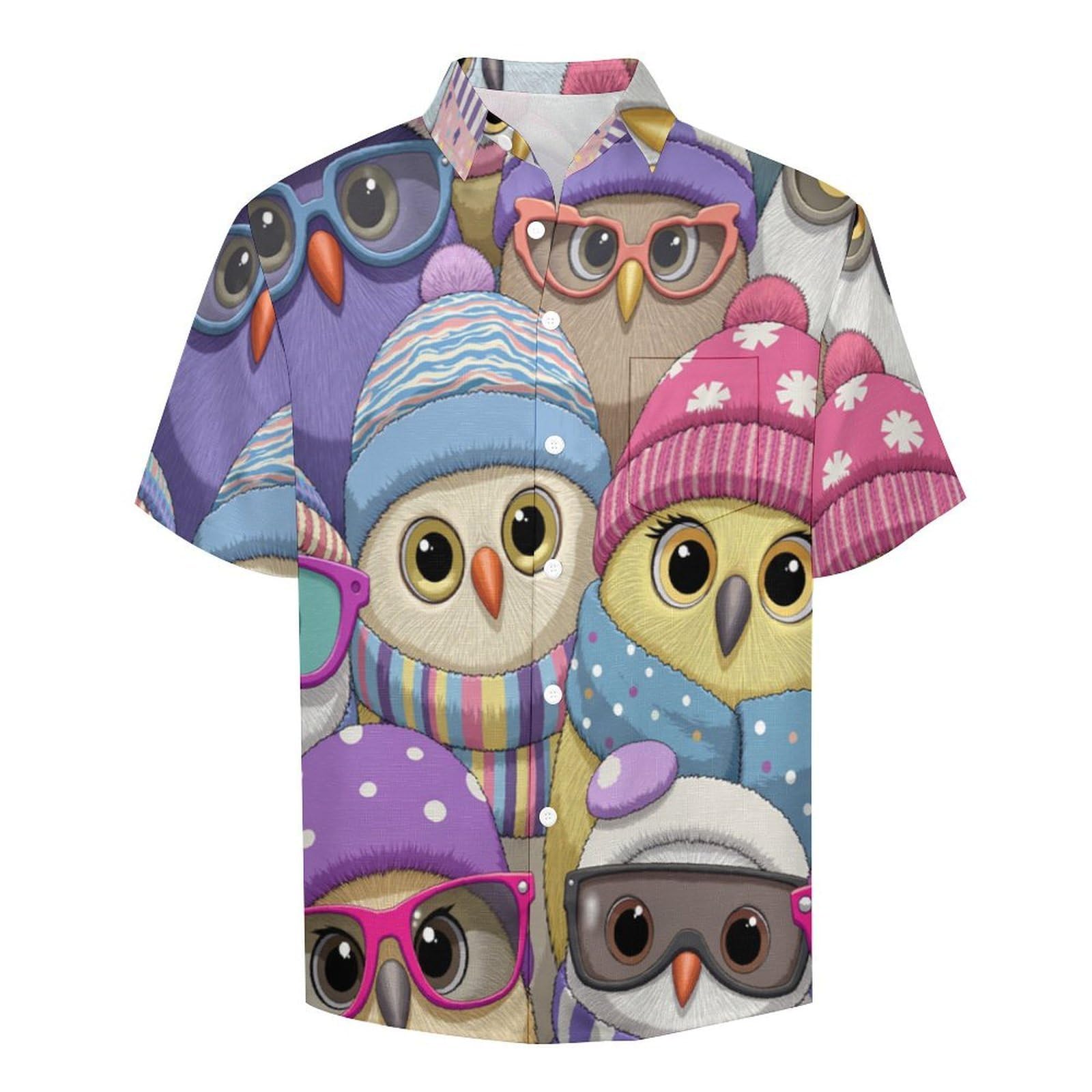 Camicia da Uomo Button Down con Stampa Gufo con Cappello, Cartone Animato Carino Camicia Hawaiana Casual a Maniche Corte Camicie da Spiaggia Camicie da Vacanza