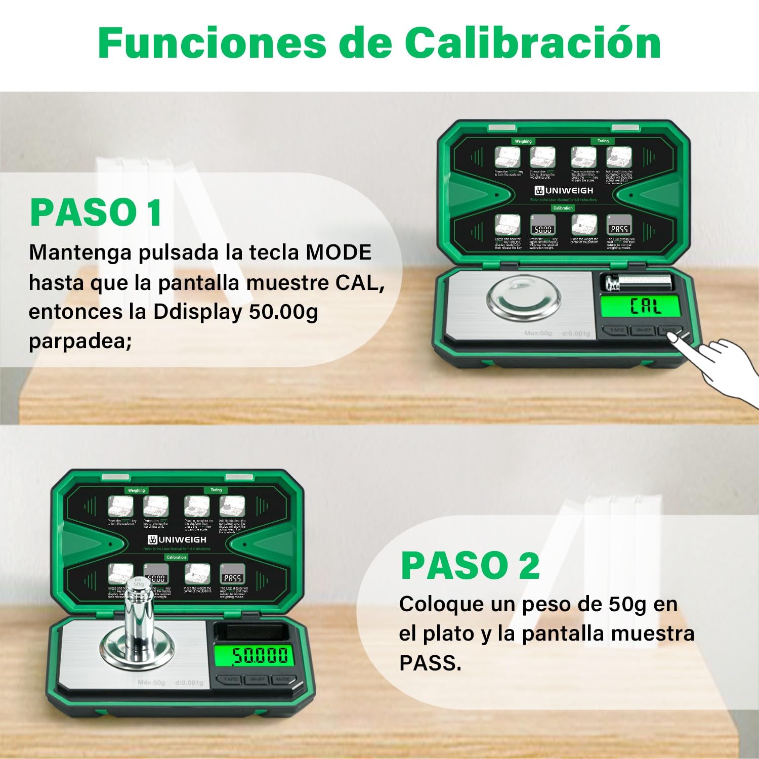 UNIWEIGH Báscula de precisión miligramos 0,001 g/50 g, digital para joyas, polvo, monedas, oro, piedras preciosas, recarga, microgramos, 6 unidades, tara, calibración