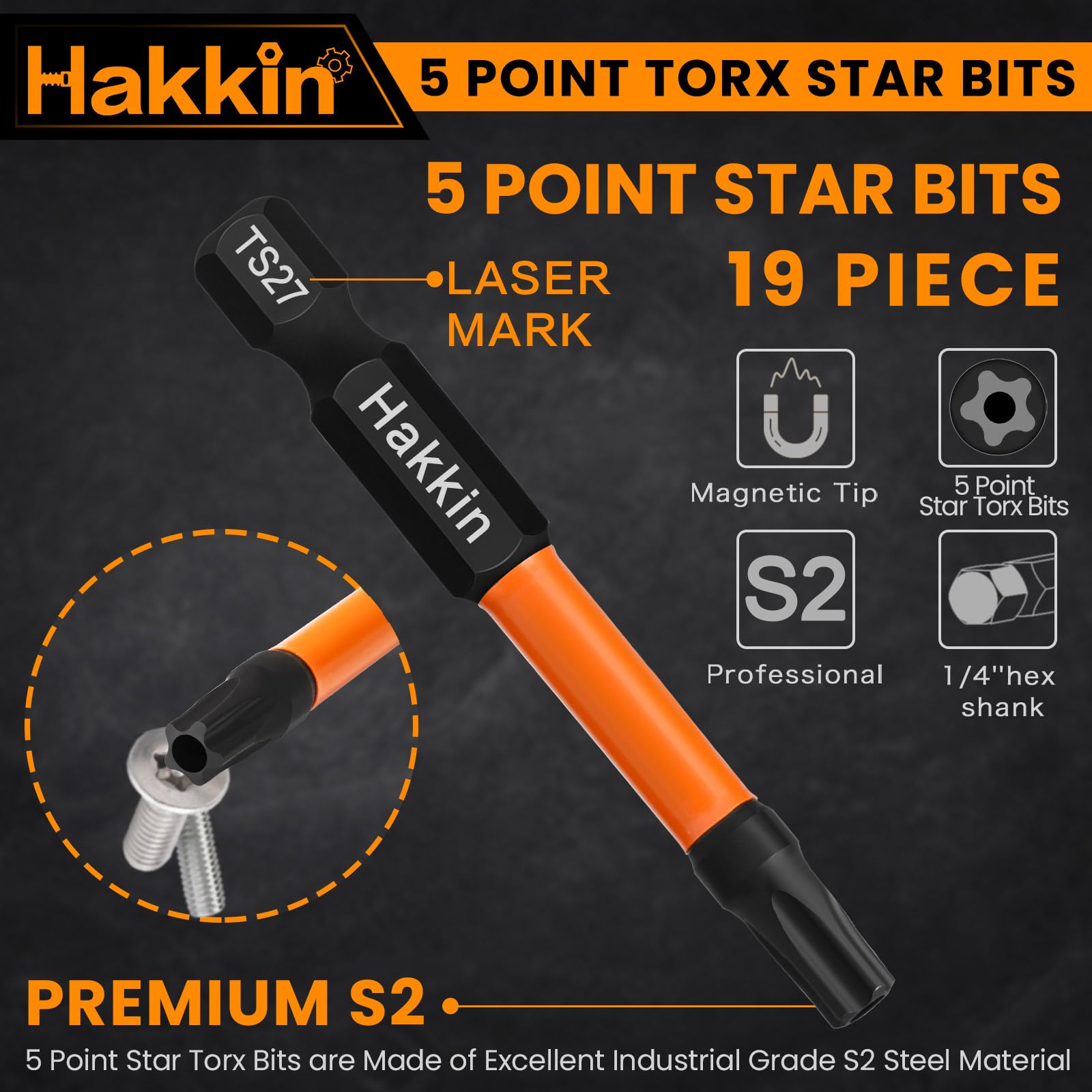 Hakkin 19Pcs Magnetic Torx Security Bit Set, 5 Point Star Bit Set, 1/4” Hex Shank, T10-T50, 60mm & 25mm, 1pcs Extension Holder - Image 3