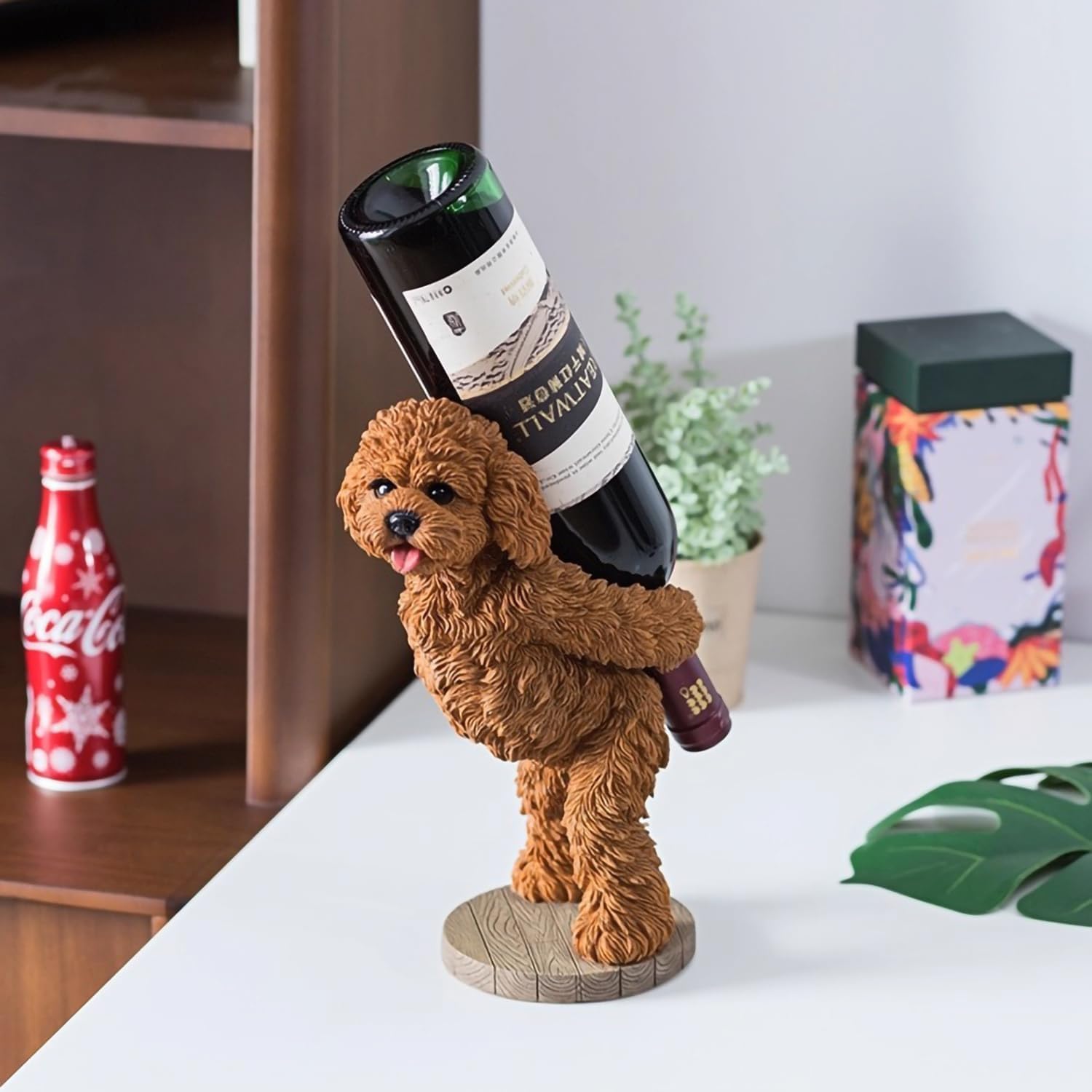 Poodle Wine Rack - Decorative Countertop Bottle Holder, Brown Resin Dog Figurine Shelf Decor for Home Bar, Gifts for Dog Lovers