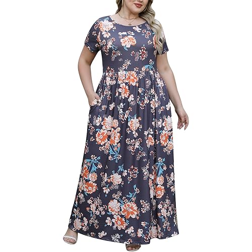 Nemidor Plus Size Maxi Dresses for Curvy Women Summer Casual Loose Short Sleeve Long Beach Dress with Pocket