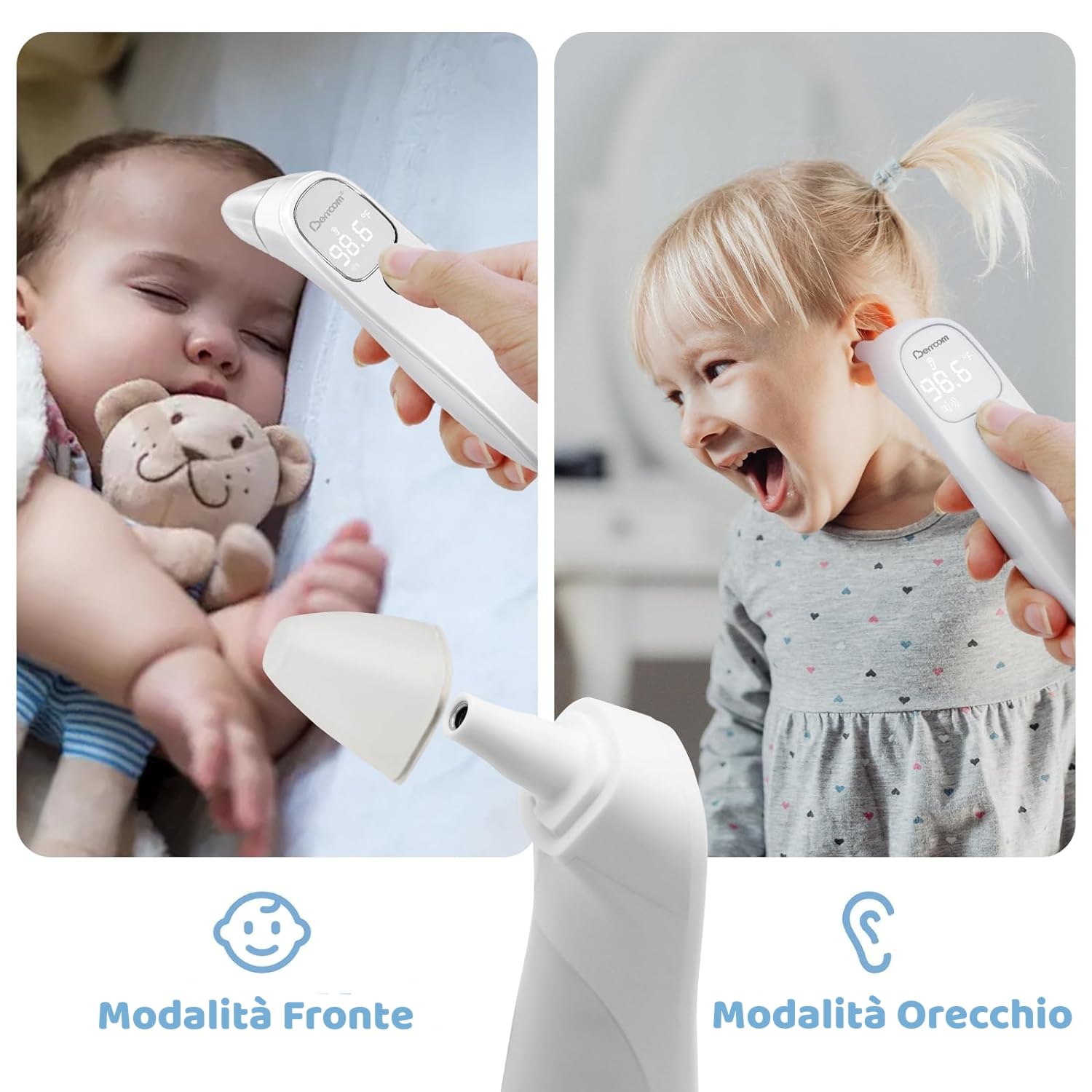 Berrcom Termometro Fronte e Orecchio Termometro Febbre Infrarossi Senza Contatto Termometro Neonato Digitale con Lettura Istantanea, Interruttore °C/°F, Allarme Febbre