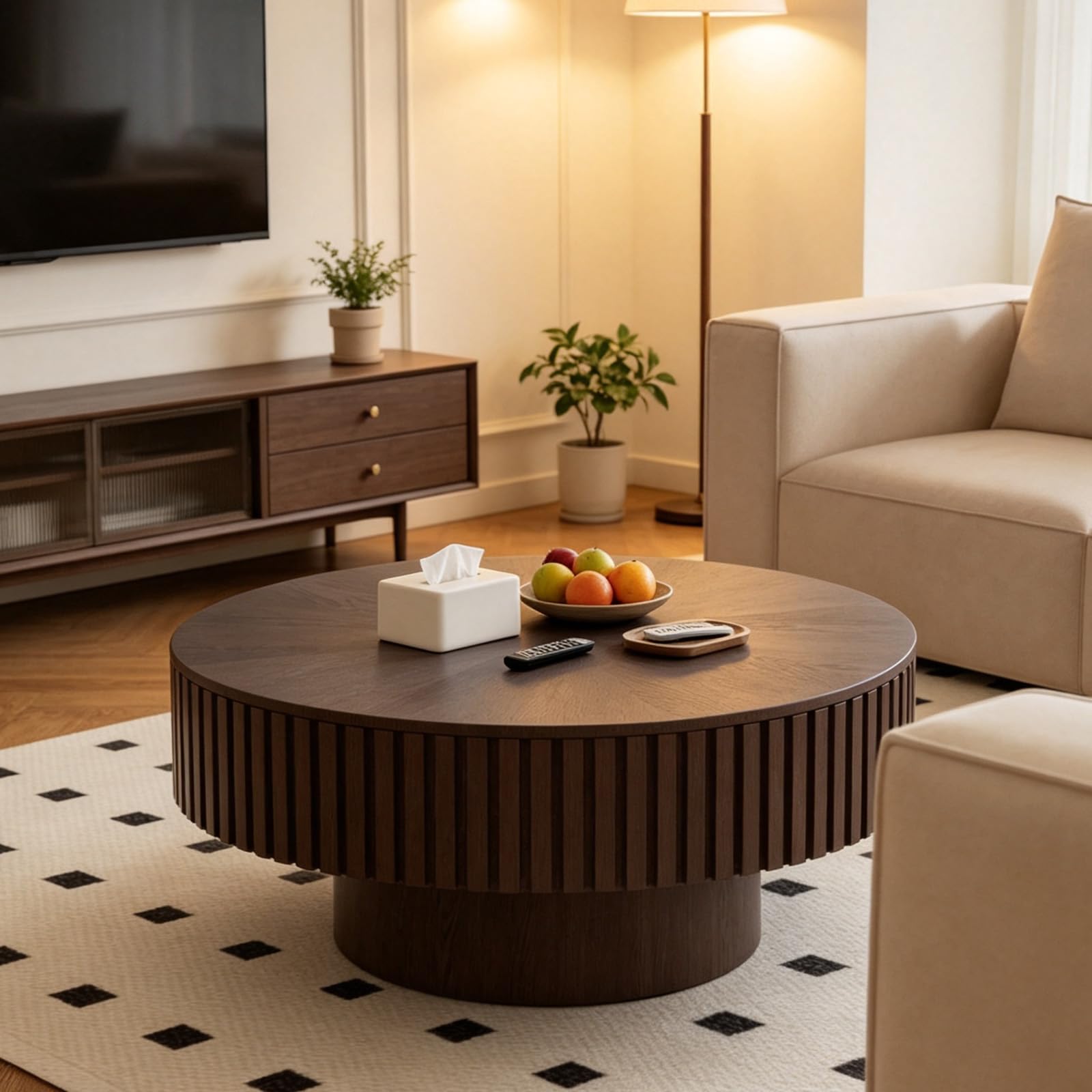 FeiZhiYanS Mid-Century Round Fluted Coffee Table for Living Room