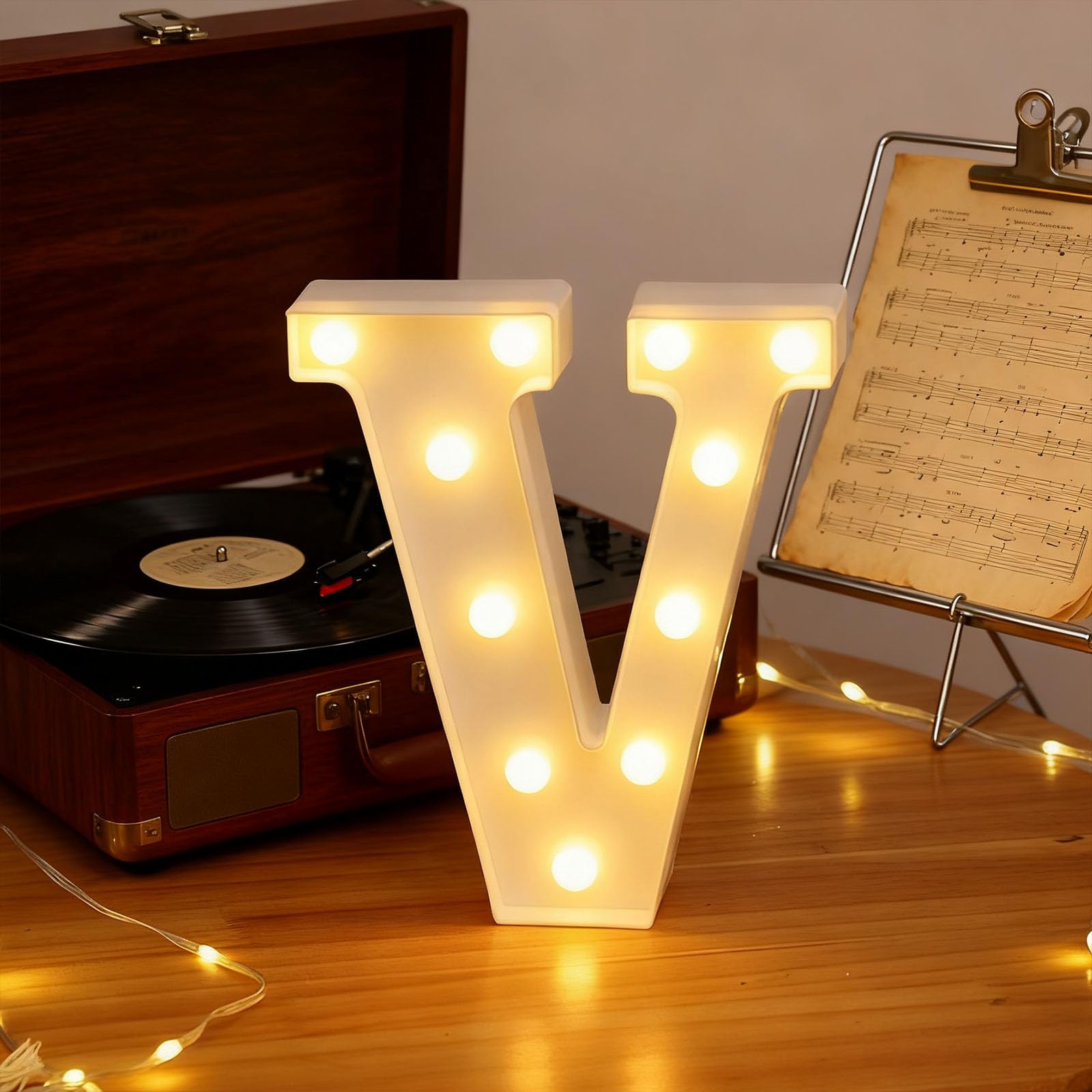 Letter V Sign Lights Battery Powered Decoration Table Lamp Warm White LED Night Light for Proposal Party DIY Word Decor Valentine's Day Gift (Letter V) 6.91"*8.86"*1.63" — image 1