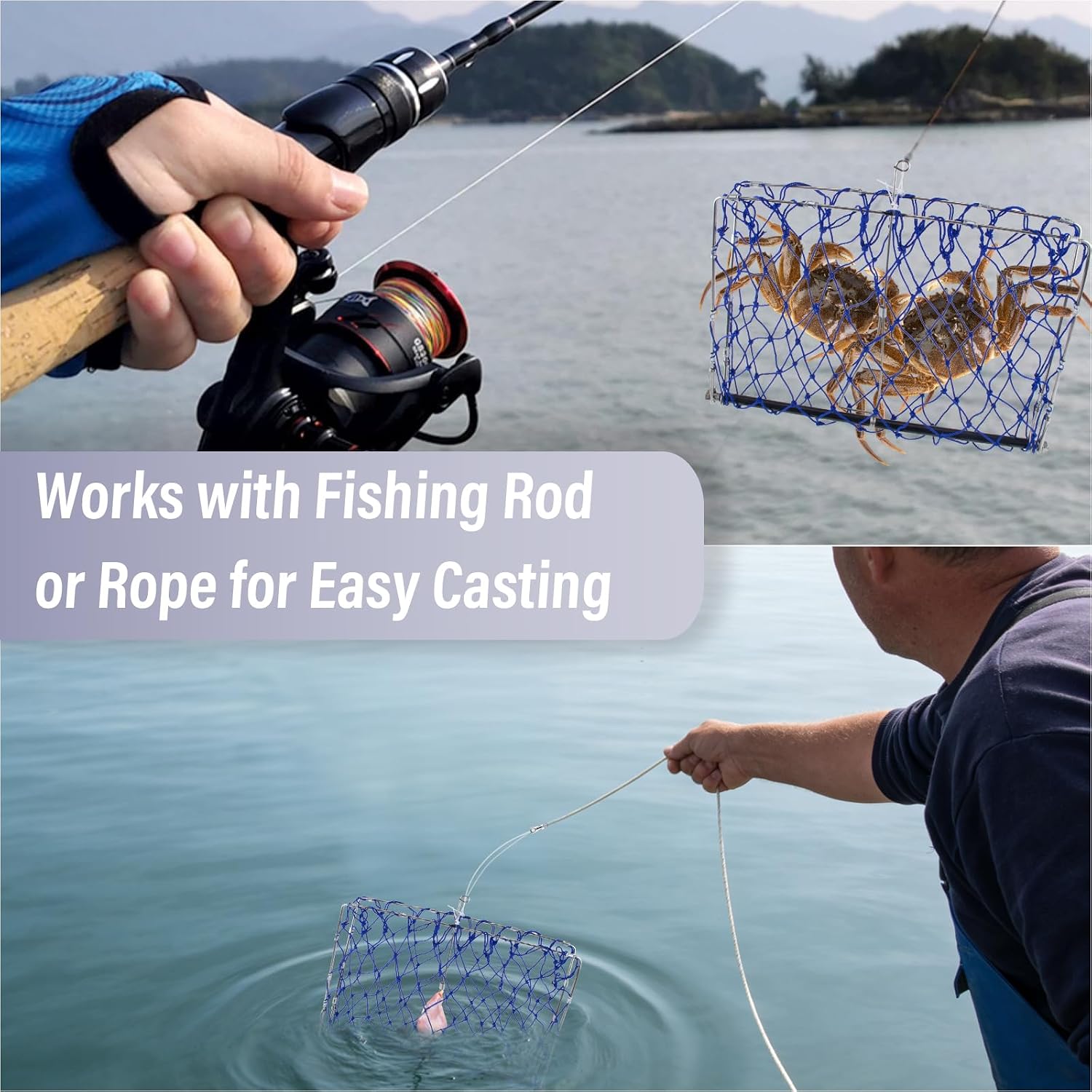 Dr.Fish Foldable Crab Trap with Gauge and Bait Clip, Castable Crab Crawfish Trap Snare Crabbing Net for Crayfish Lobster Minnow