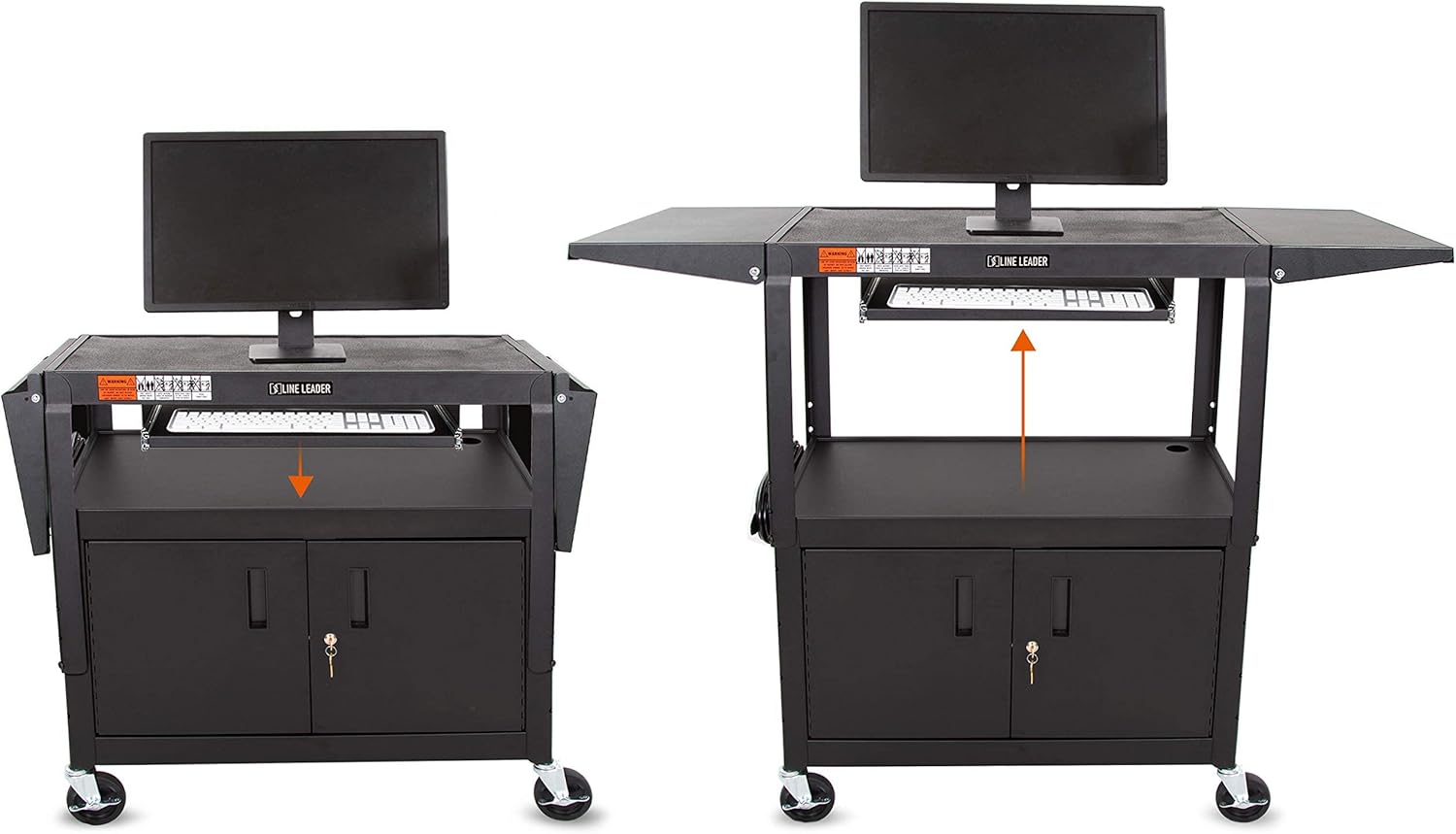 Line Leader Large AV Cart with Locking Cabinet & Drop Leaves, Rolling Height Adjustable Utility Cart with Pullout Laptop Keyboard Tray & Cord Management, Narrow Mobile Workstation (Black, 54 x 18)