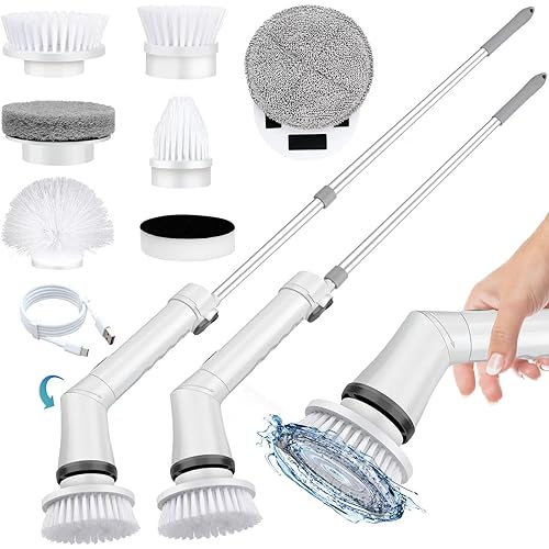 YIRUIKEJI Electric Spin Scrubber, Cordless Shower Scrubber with 7 Replaceable Brush Heads, Electric Cleaning Brush with Dual Speeds & Extension Handle, Power Scrubber for Bathroom, Tile, Toilet, Floor