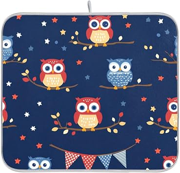July 4th Owls Dark Blue Dish Drying Mat for Kitchen Counter Microfiber Absorbent Drainer Draining Rack Mats Small Cloth Kitchen Drying Pad Heat Resistant for Countertop 16x18