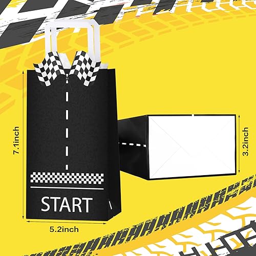 Miniatura 2 de Leinuosen 16 bolsas de regalos para autos de carreras a granel a cuadros con asas, bandera de carreras a cuadros en blanco y negro para suministros