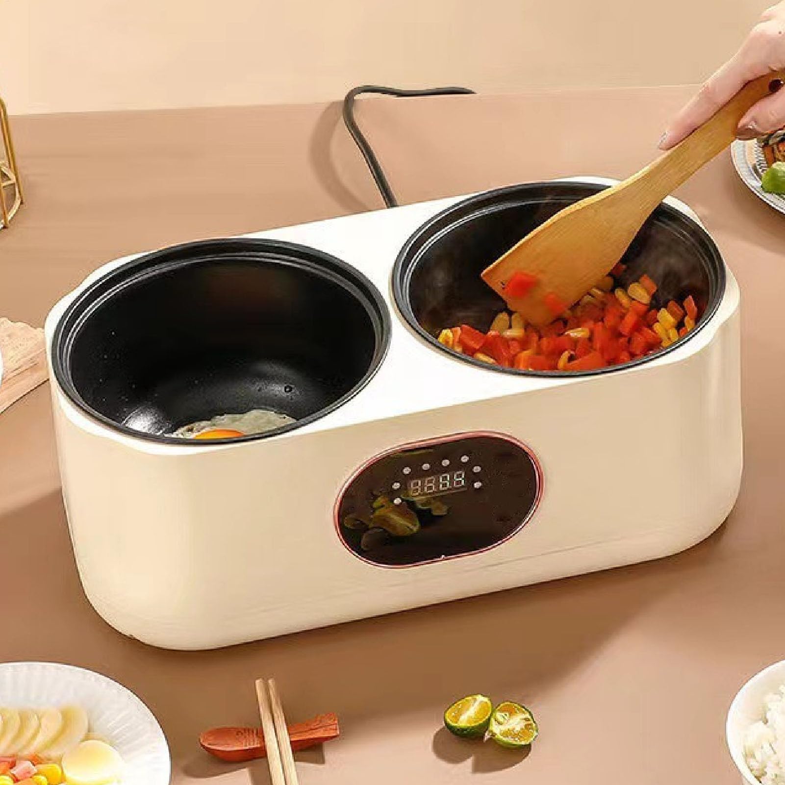 2-in-1-Doppel-Slow-Cooker, Dual-Combo-Slow-Cooker und Reiskocher, Doppel-Innen-Multifunktions-Reiskocher mit 6 Kocheinstellungen, Elektrischer Hot Pot für zu Hause