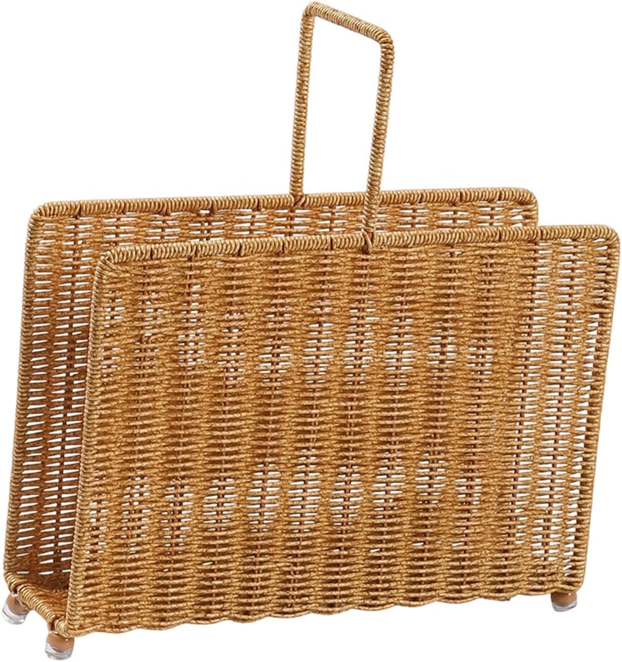 Fenteer Magazine Rack Display Stand Books Storage Woven Basket Rattan Woven Vinyl Album Organizer Standing Shelf for Cafe Living Room