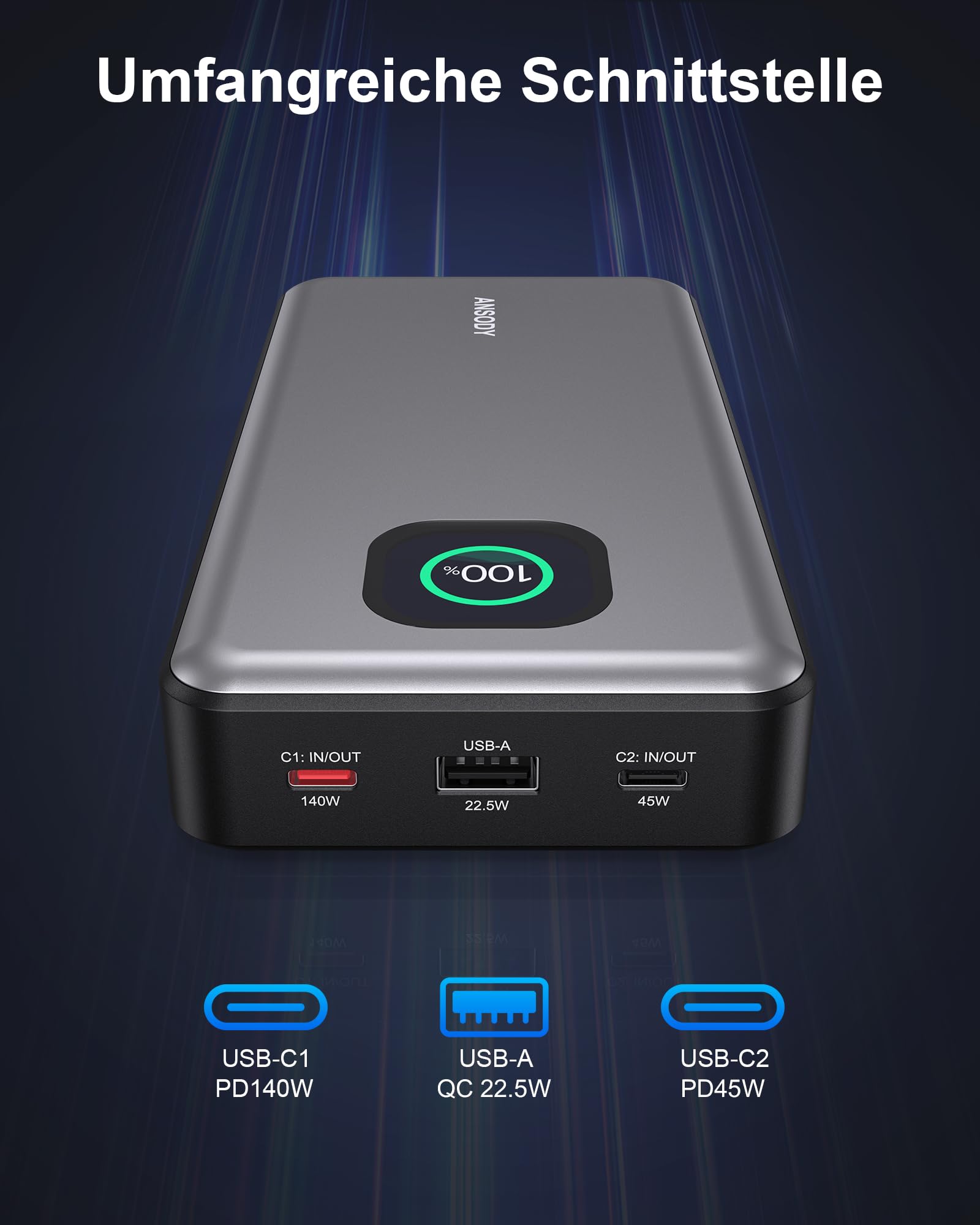 Laptop Power Bank 140W Max 25000mAh Batterie Externe avec 2 Ports USB-C - Chargeur Portable avec Écran Numérique Compatible avec MacBook Pro, iPhone 16/15, Samsung, Dell (Gris) (Argent)