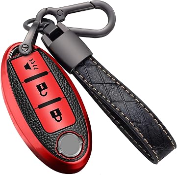 Montague Key Fob Cover for Nissan with Keychain Accessories, Premium TPU Full Protection Key Case for Pathfinder Rogue Kicks Murano Frontier Armada Versa Juke Titan Smart Key Shells 3-Buttons, Red