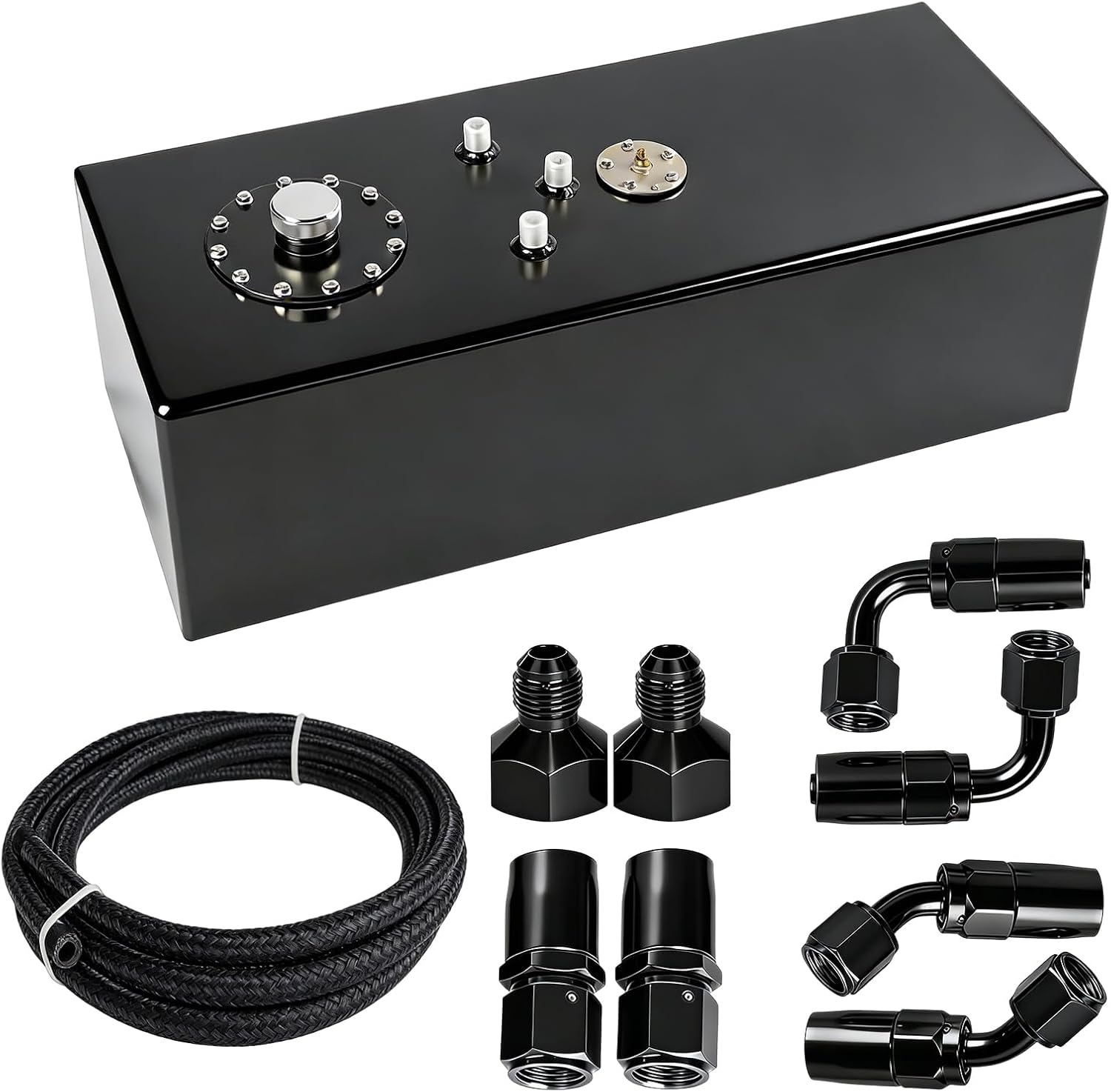 17 Gallon Fuel Cell with Cap Level Sender 12FT Oil Feed Line Street Drift Aluminum Black