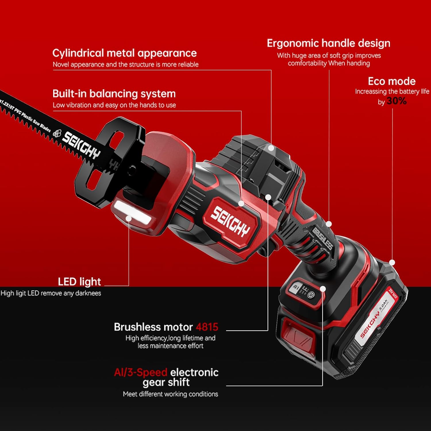 20V MAX Brushless Cordless Recip Saw, 3100 RPM High Speed w/LED Light, 5Ah Battery & Fast Charger, Multi Blades for Wood/PVC/Metal, Handheld for Home Repair Trimming Demolition