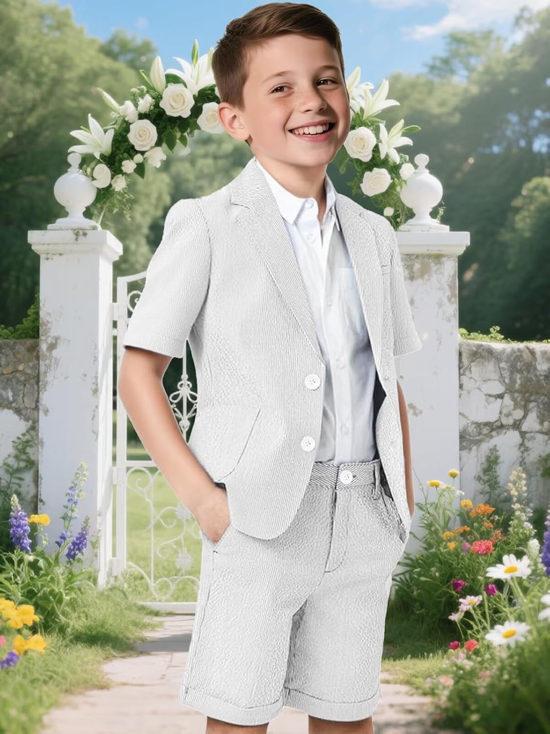 Seersucker Boys Suit 2 Piece Kids Boy Slim Fit Short Suits Summer Wedding Tuxedo Blazer Pants Set