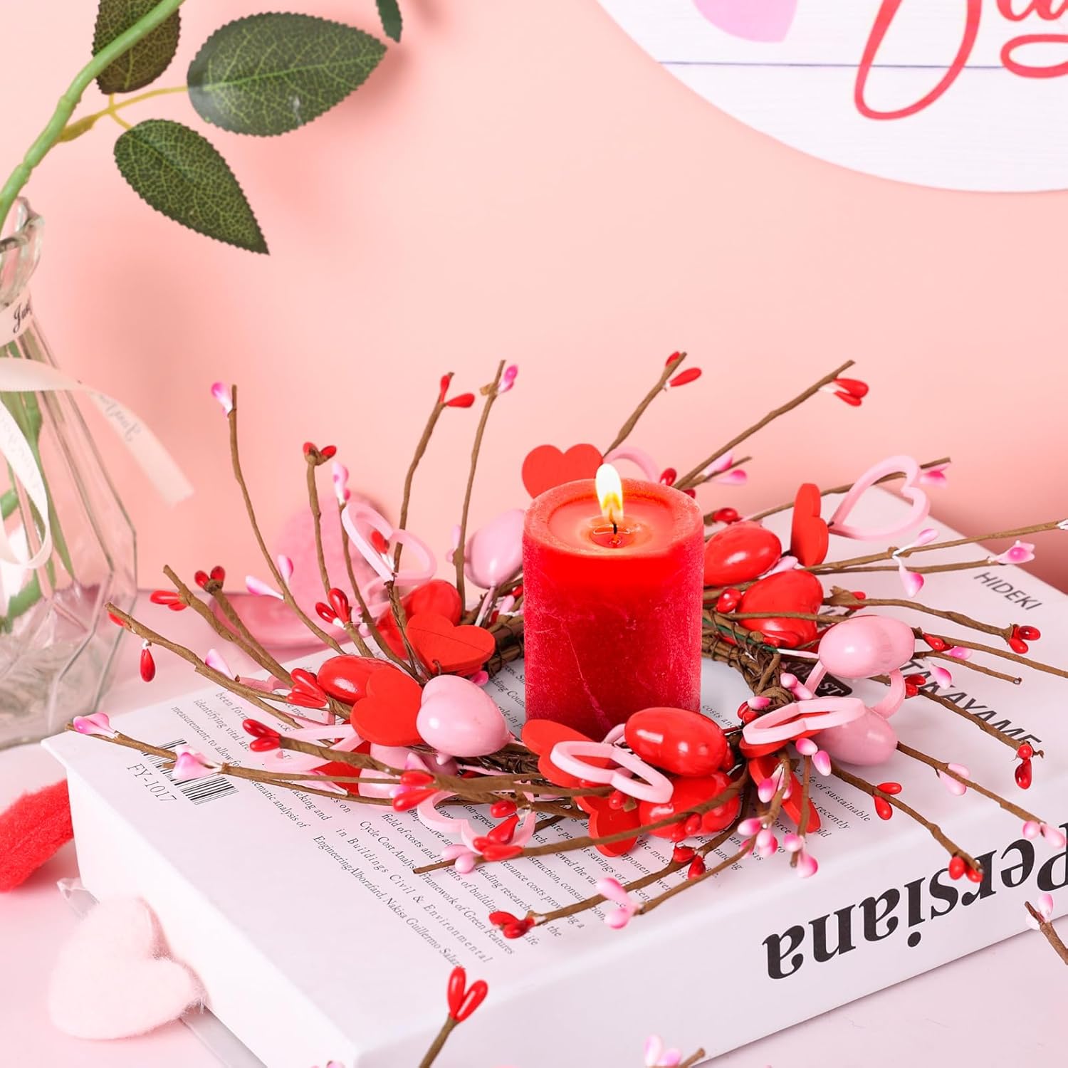 8 pcs valentine candle rings wreaths red pink wooden heart artificial heart berries valentine's day candle holder rings mini wreaths decor for valentines day accessories wedding table centerpieces small valentine 8