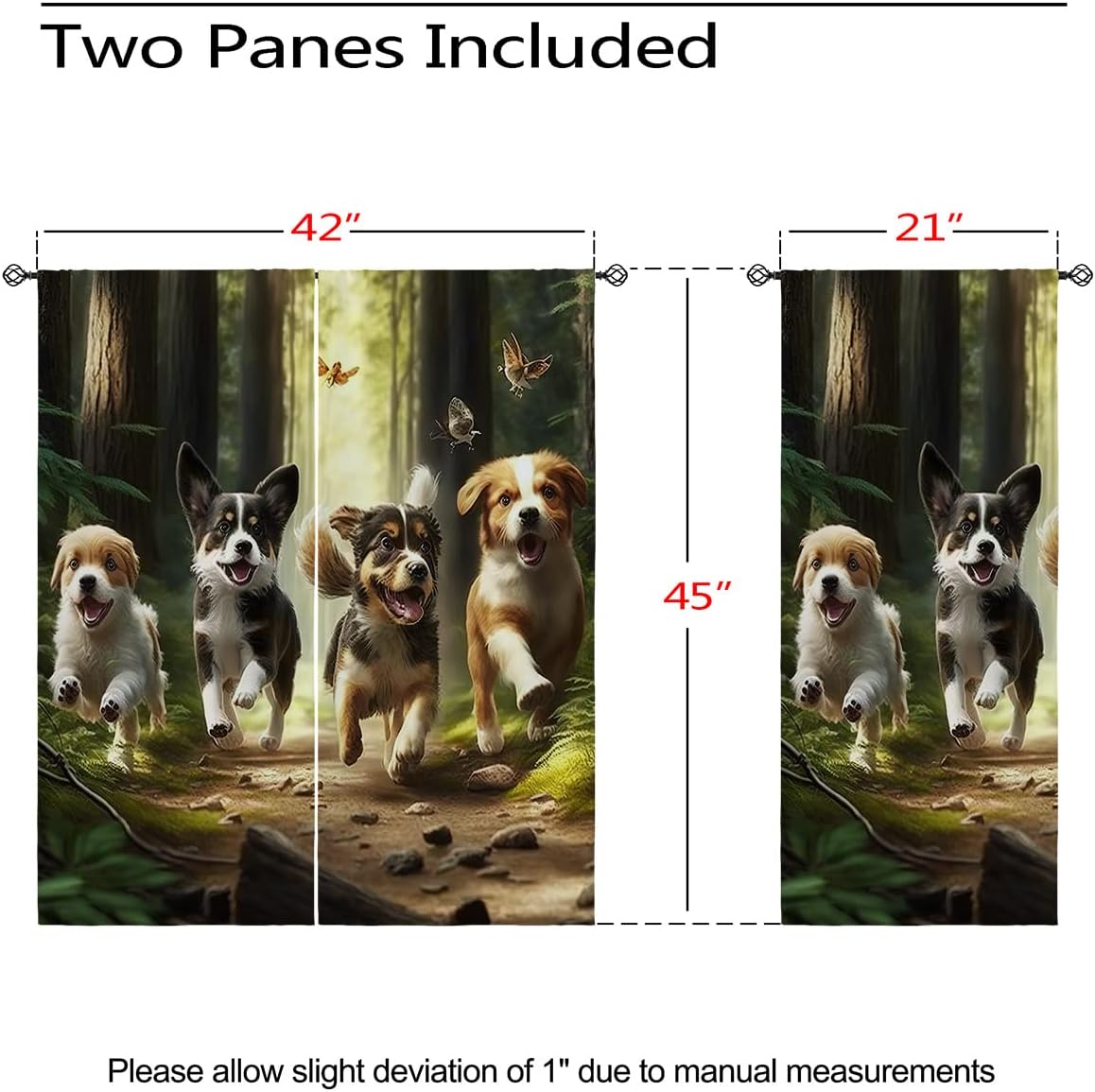 Cute Dog Blackout Curtains for Girls Boy Home Decor, Funny Animal Play Pug Lovely Puppies Forest Grommet Thermal Insulated Drapes Darkening Window Curtain for Bedroom Living Room, 42 x 45 Inch