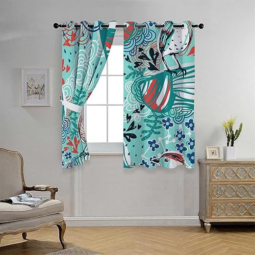 Miniatura 2 de Cortinas bohemias con diseño de pájaros, con ojales, separadores de puerta corta, cortinas para Ventanas de Cuarto de 55 pulgadas de ancho por 45