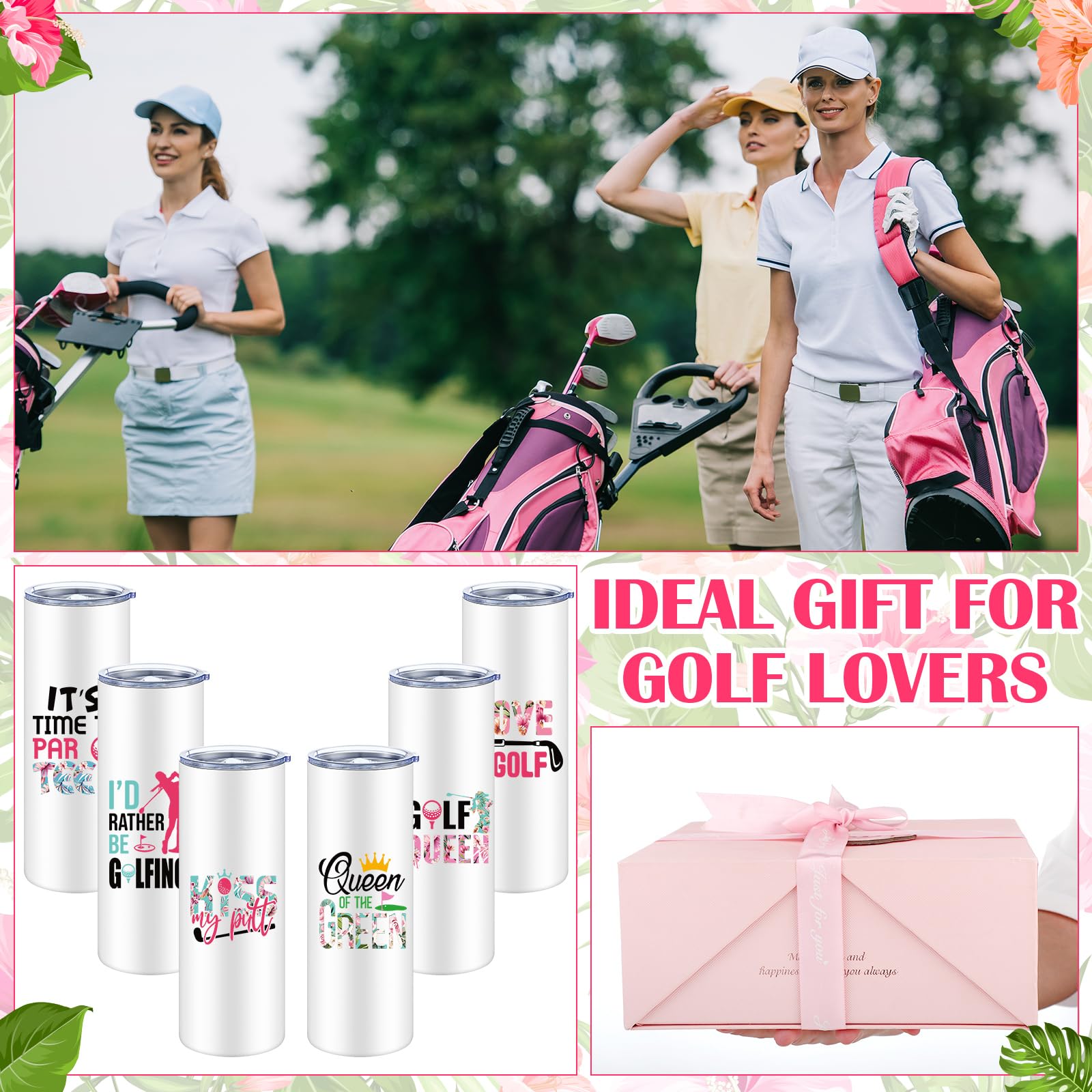 Skylety 6 juegos de regalos de golf para mujer, vasos de golf aislados de 20 onzas, vasos de golf de acero inoxidable para golfistas, accesorios divertidos para golfistas con tapa, popote y cepillo