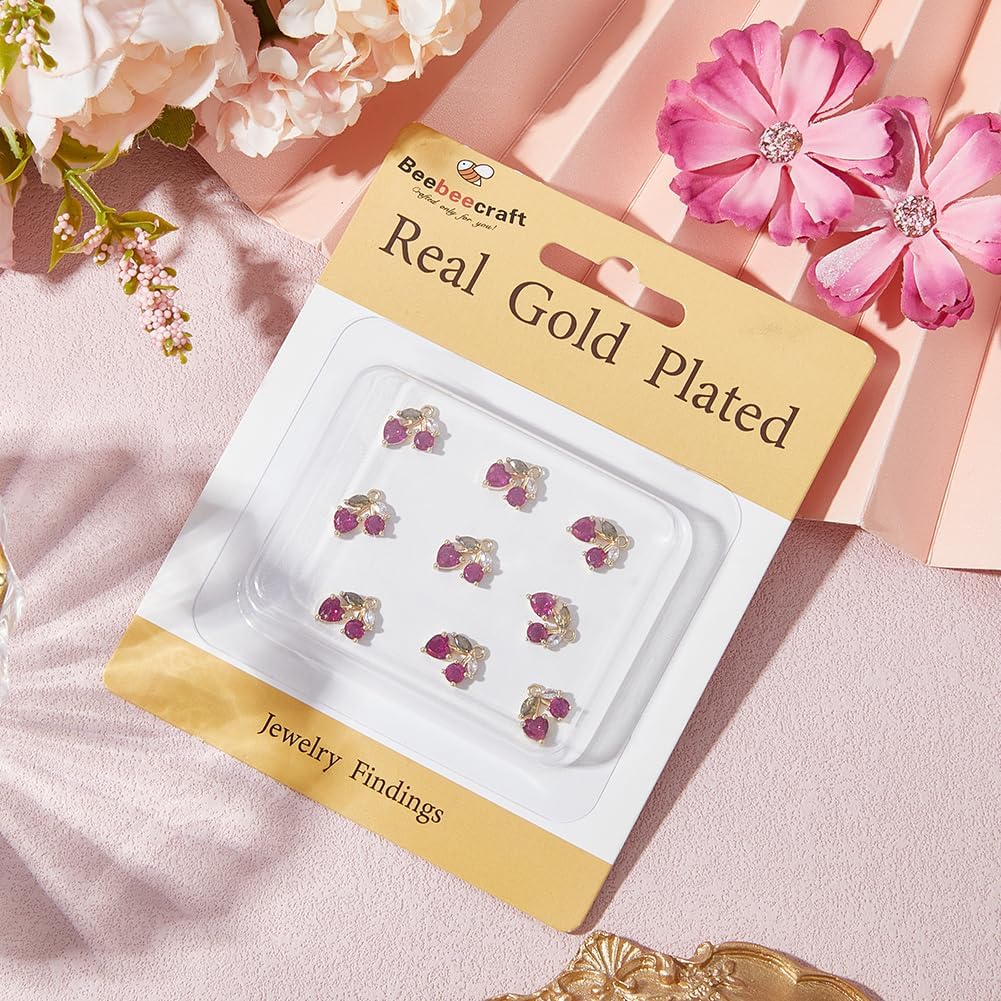 Beebeecraft 10Pcs Cherry Pendant Charm 18K Gold Plated Brass 12x11x4mm Red Rhinestone Cubic Zirconia Mini Dangle Fruit Charms for Jewelry Making Necklace Earring Bracelet Summer Crafts Supplies