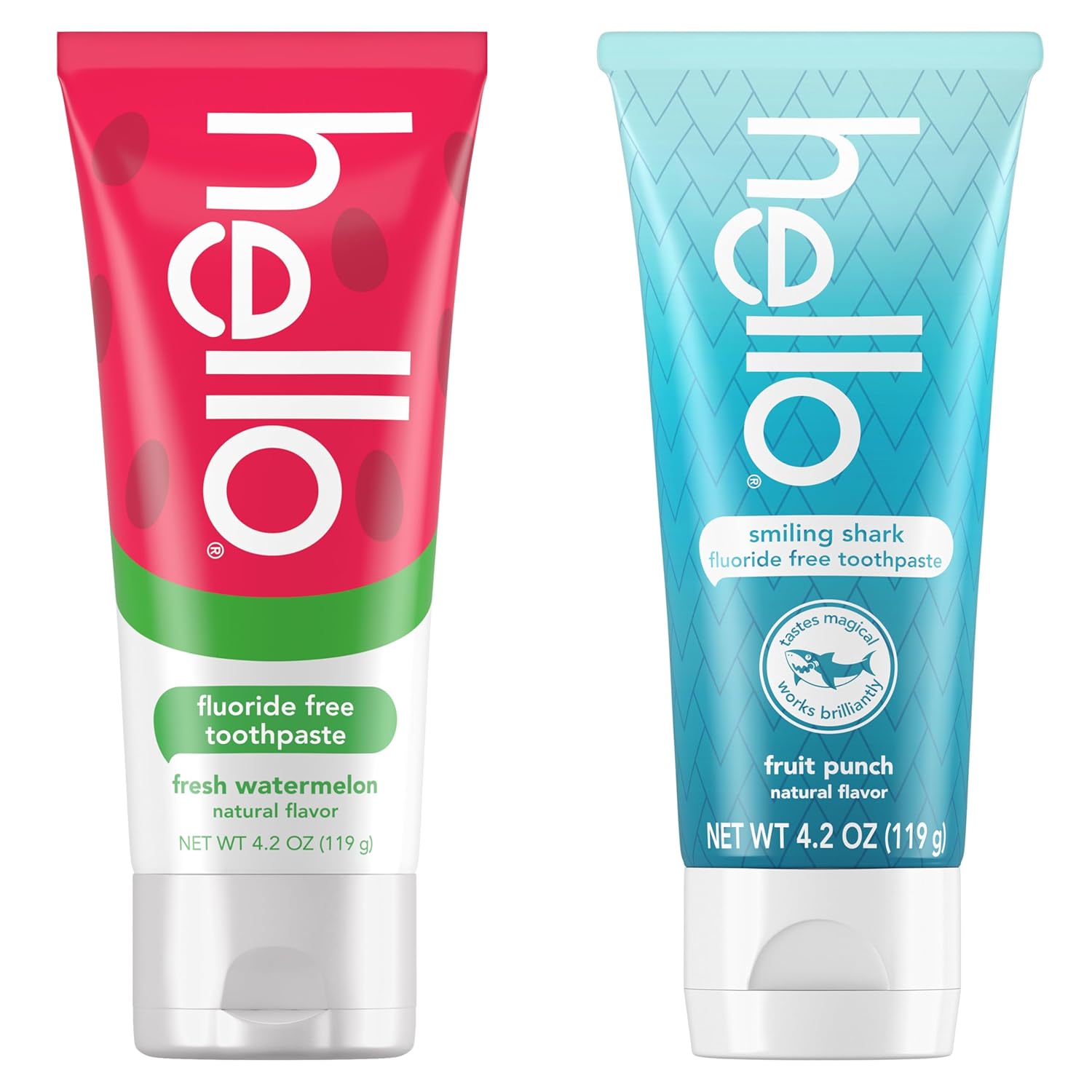 hello Smiling Shark and Fresh Watermelon Fluoride Free Kids Toothpaste Pack, Includes 4.2 oz Smiling Shark Kids and 4.2 oz Fresh Watermelon Toothpaste