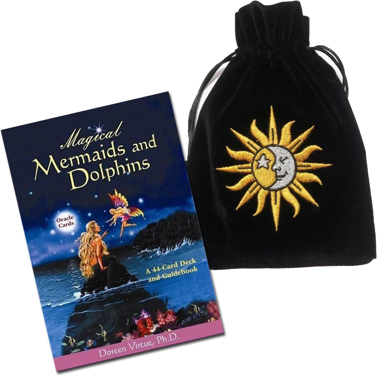 Something Different for You Magical Mermaids and Dolphins Oracle Cards by Doreen Virtue with Luxury Velvet Embroidered Sun and Moon Drawstring Storage Bag