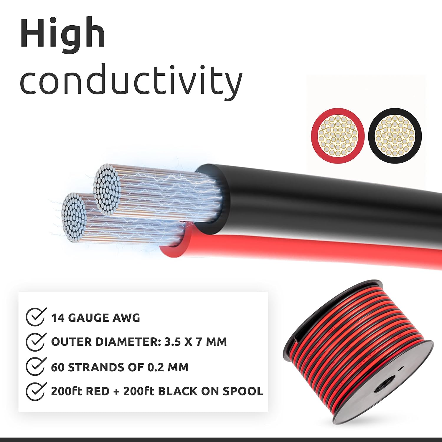 ECENCE 14 Gauge AWG Speaker Wire Cable 200ft red-Black for Car, Home, HiFi, RV or Home Theater CCA