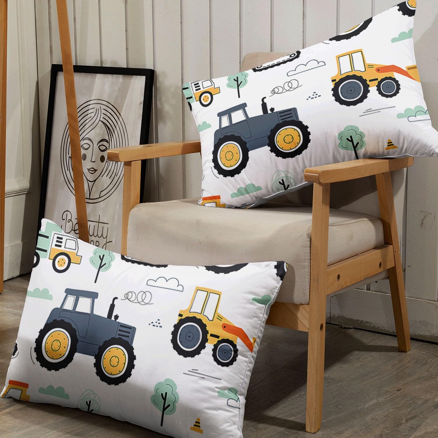 Truck Sheets Set 4Pcs for Kids,Crane Excavator Engineering Vehicle Printed Sheet Set with 1 Flat Sheet and 1 Fitted Sheet + 2 Pillowcases(Vehicle Full)