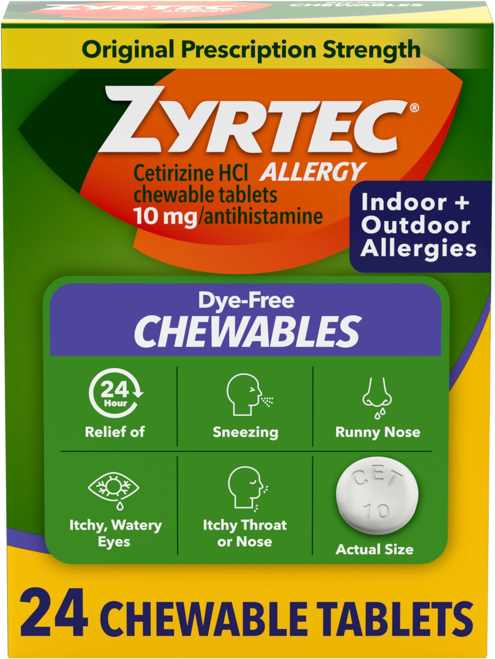 24 Hour Allergy Relief Chewable Tablets, 10 mg Cetirizine Hydrochloride Antihistamine, Dye-Free Allergy Medicine for Runny Nose, Sneezing, Itchy, Watery Eyes, Indoor & Outdoor Allergies, 24 ct